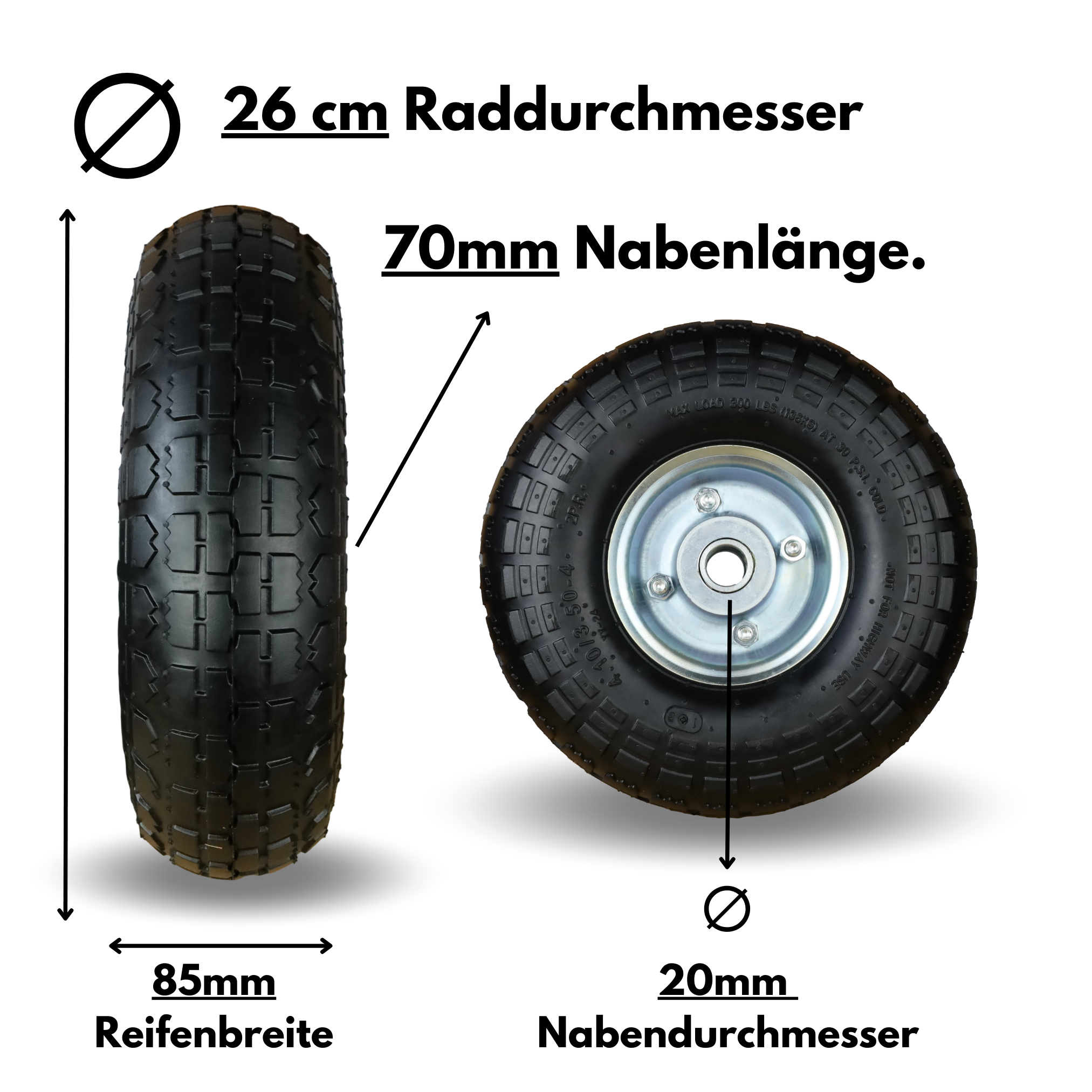 2 x FROSAL pneumatic wheel with silver steel rim | Wheel for handcarts and sack trucks | Spare wheel | 20 mm axle | Roller bearing 4.10/3.50-4