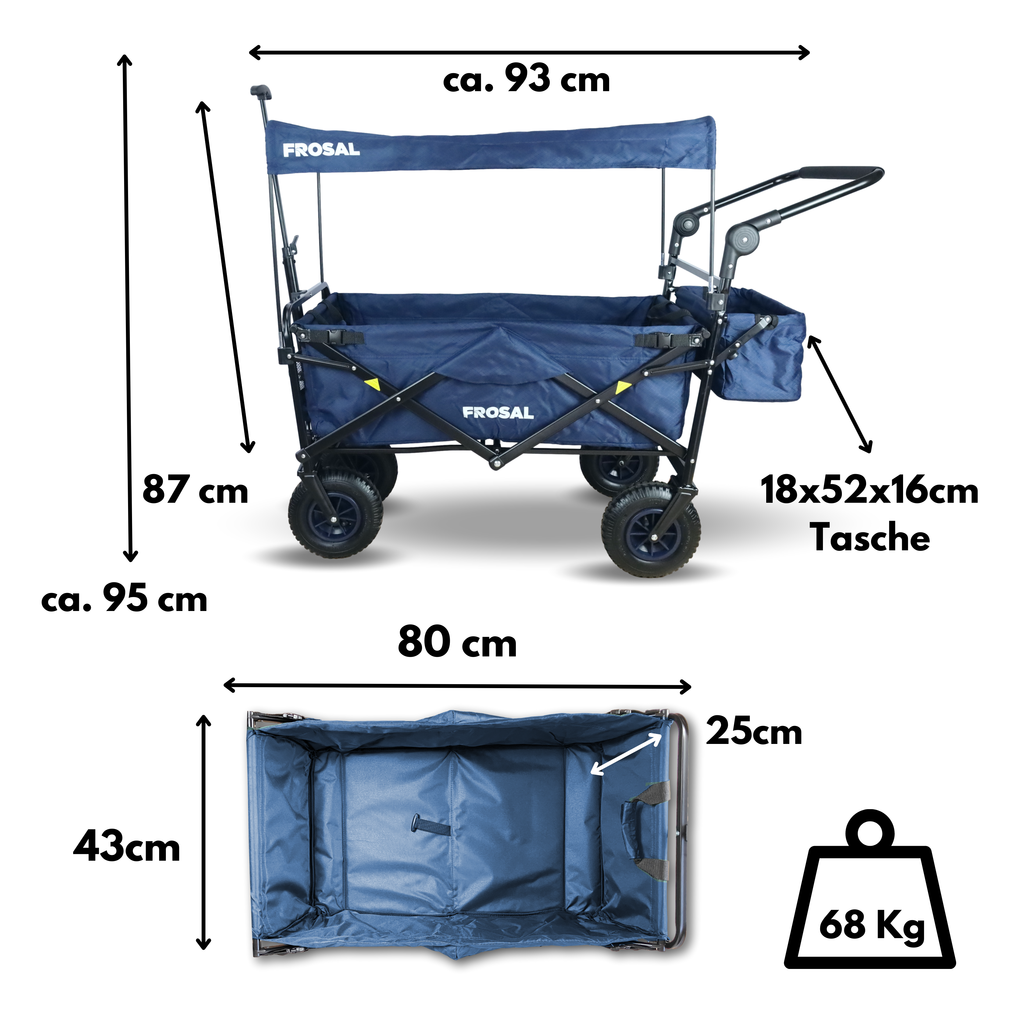 FROSAL Nick PRO foldable handcart with push handle, roof &amp; brake, blue