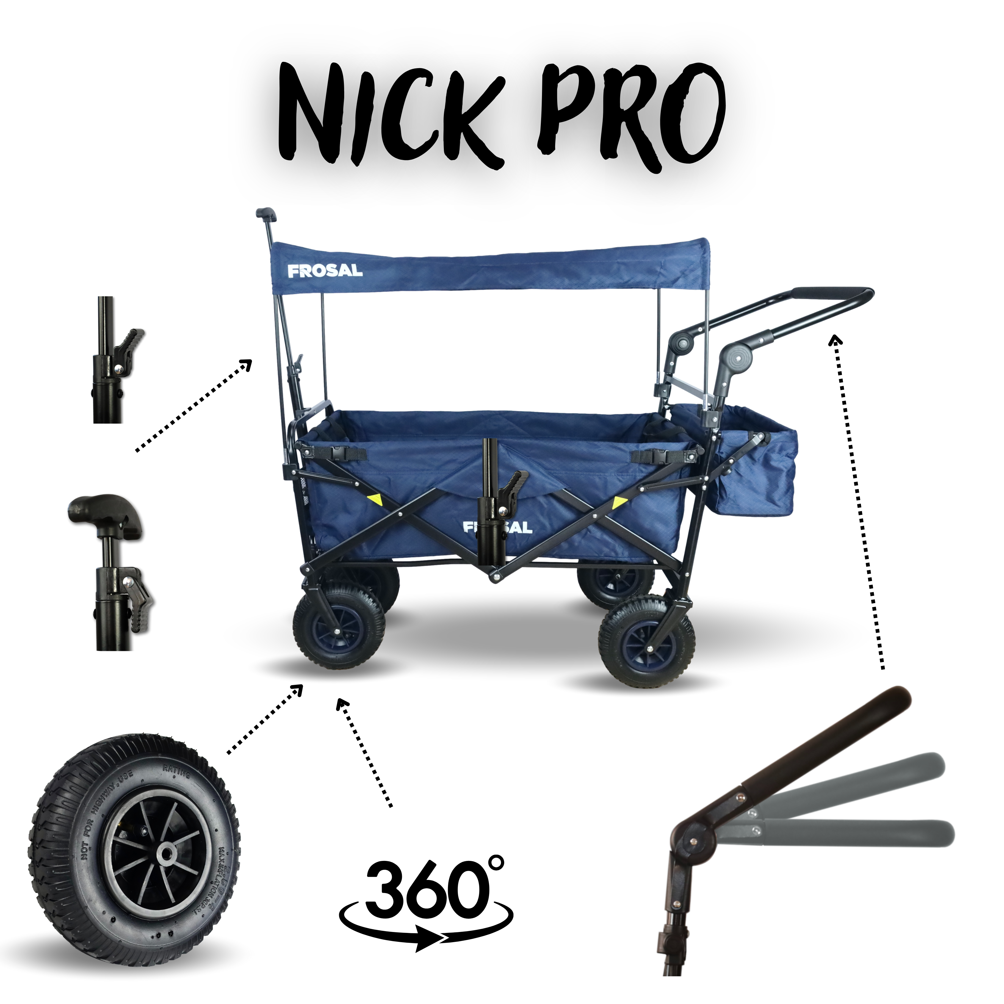 FROSAL Nick PRO foldable handcart with push handle, roof &amp; brake, blue
