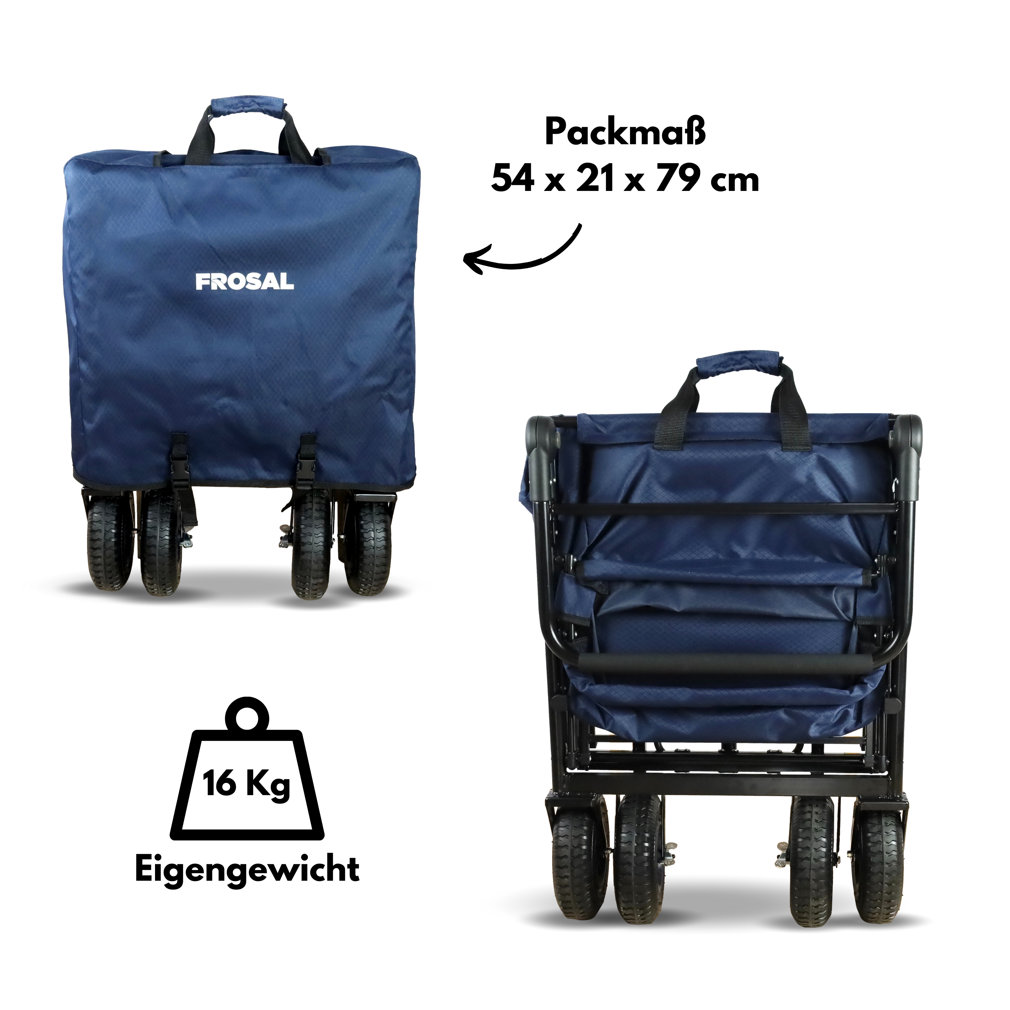 FROSAL Nick PRO foldable handcart with push handle, roof &amp; brake, blue