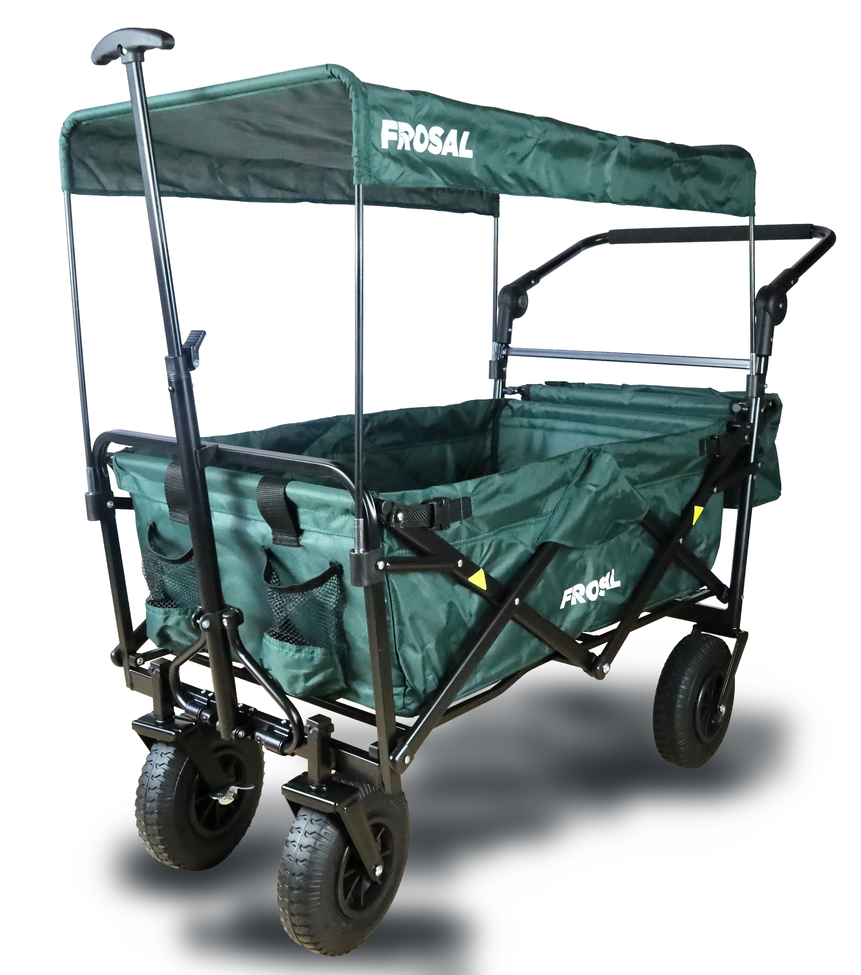 FROSAL Nick PRO foldable handcart with push handle, roof &amp; brake, green