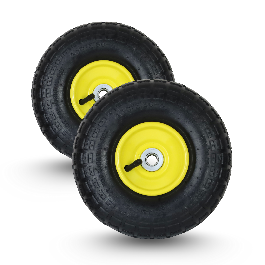 FROSAL Ersatzrad – Luftreifen 260x85 (4.10/3.50-4) mit Kugellager, Nabenlänge 50 mm, Achsdurchmesser 16 mm, gelbe Stahlfelge – für Sackkarre & Bollerwagen 2 Stück