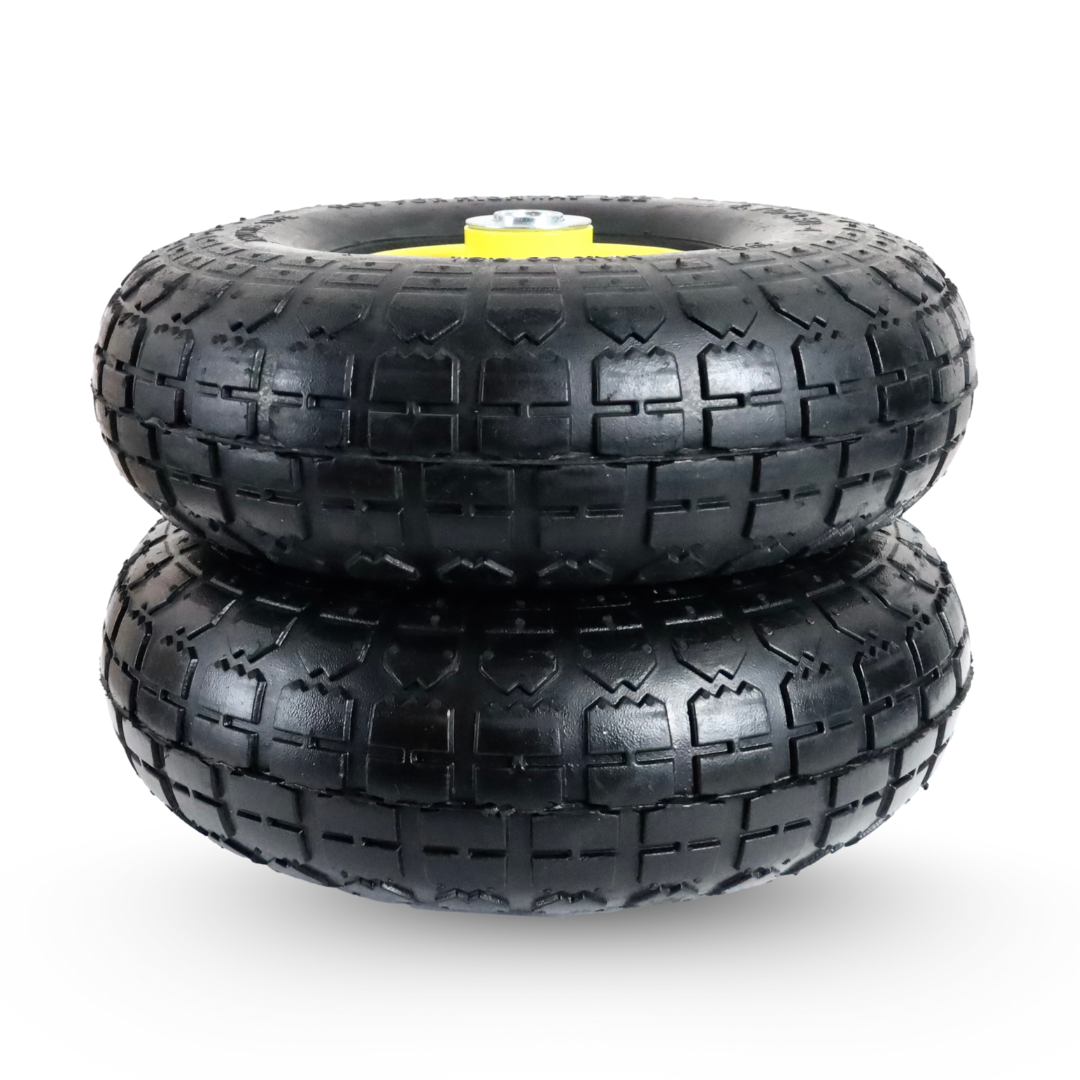 FROSAL Ersatzrad – Luftreifen 260x85 (4.10/3.50-4) mit Kugellager, Nabenlänge 50 mm, Achsdurchmesser 16 mm, gelbe Stahlfelge – für Sackkarre & Bollerwagen