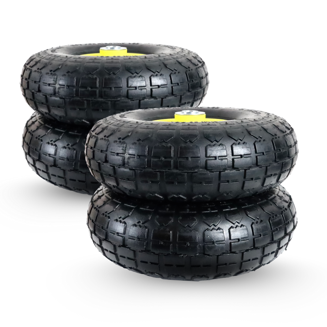 FROSAL Ersatzrad – Luftreifen 260x85 (4.10/3.50-4) mit Kugellager, Nabenlänge 50 mm, Achsdurchmesser 16 mm, gelbe Stahlfelge – für Sackkarre & Bollerwagen 4 Stück