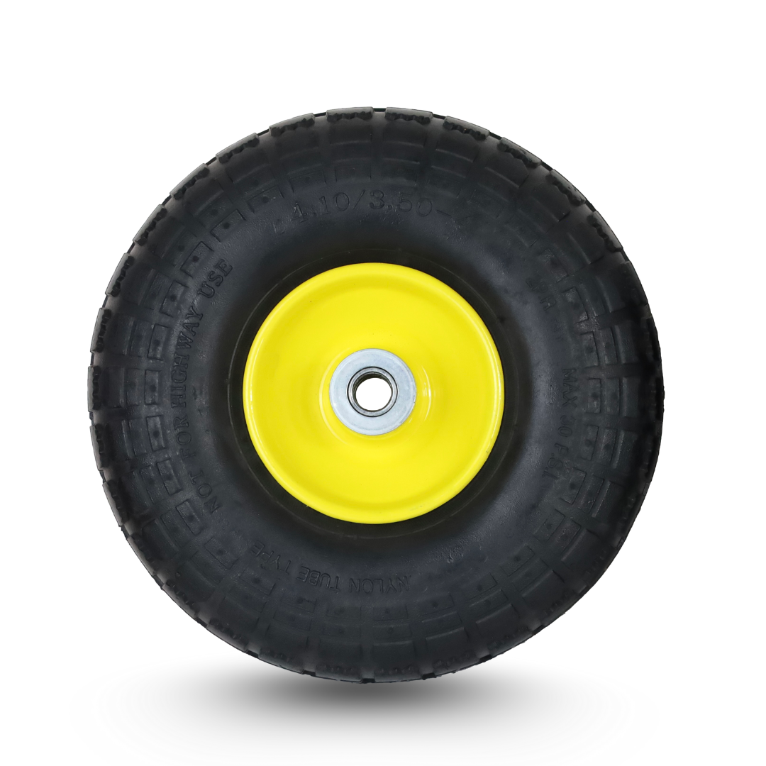 FROSAL Ersatzrad – Luftreifen 260x85 (4.10/3.50-4) mit Kugellager, Nabenlänge 50 mm, Achsdurchmesser 16 mm, gelbe Stahlfelge – für Sackkarre & Bollerwagen