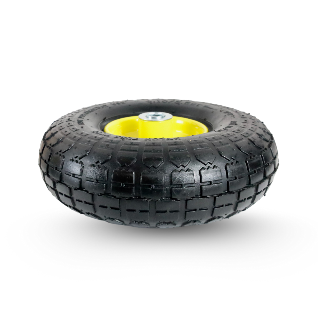 FROSAL Ersatzrad – Luftreifen 260x85 (4.10/3.50-4) mit Kugellager, Nabenlänge 50 mm, Achsdurchmesser 16 mm, gelbe Stahlfelge – für Sackkarre & Bollerwagen