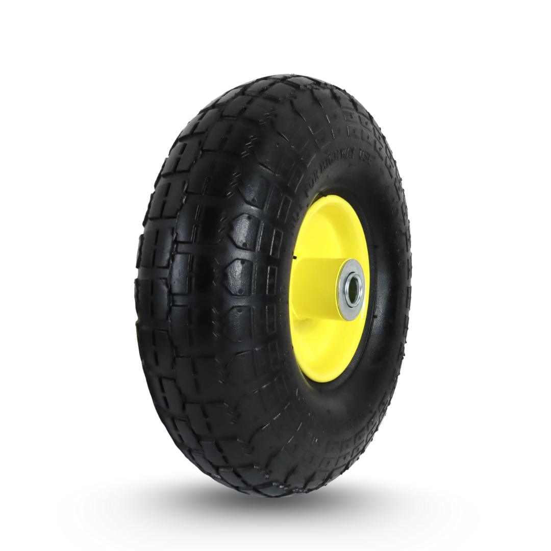 FROSAL Ersatzrad – Luftreifen 260x85 (4.10/3.50-4) mit Kugellager, Nabenlänge 50 mm, Achsdurchmesser 16 mm, gelbe Stahlfelge – für Sackkarre & Bollerwagen