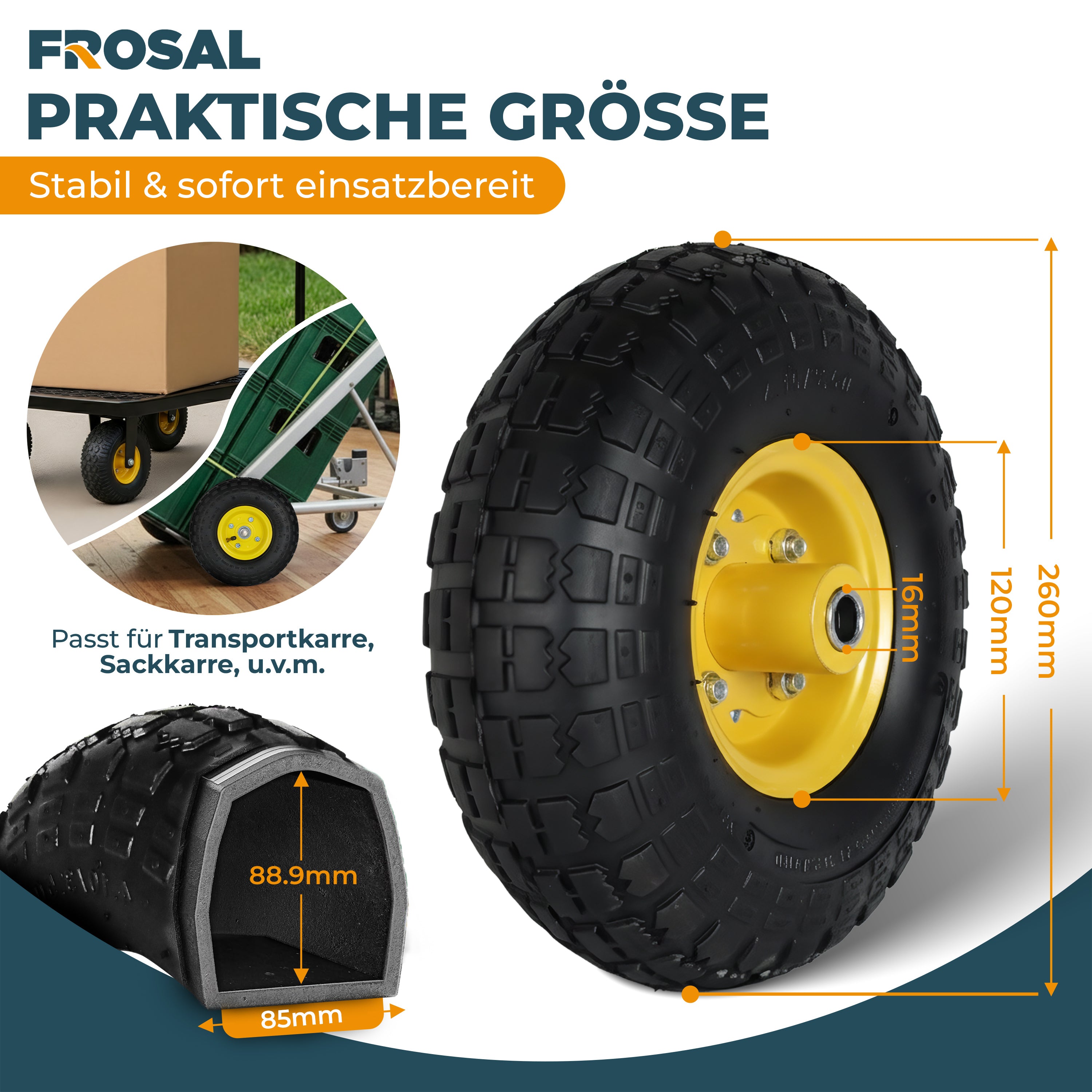 FROSAL Ersatzrad für Transportwagen Luftreifen 16 mm Achse Gelb 4.10 / 3,50 - 4