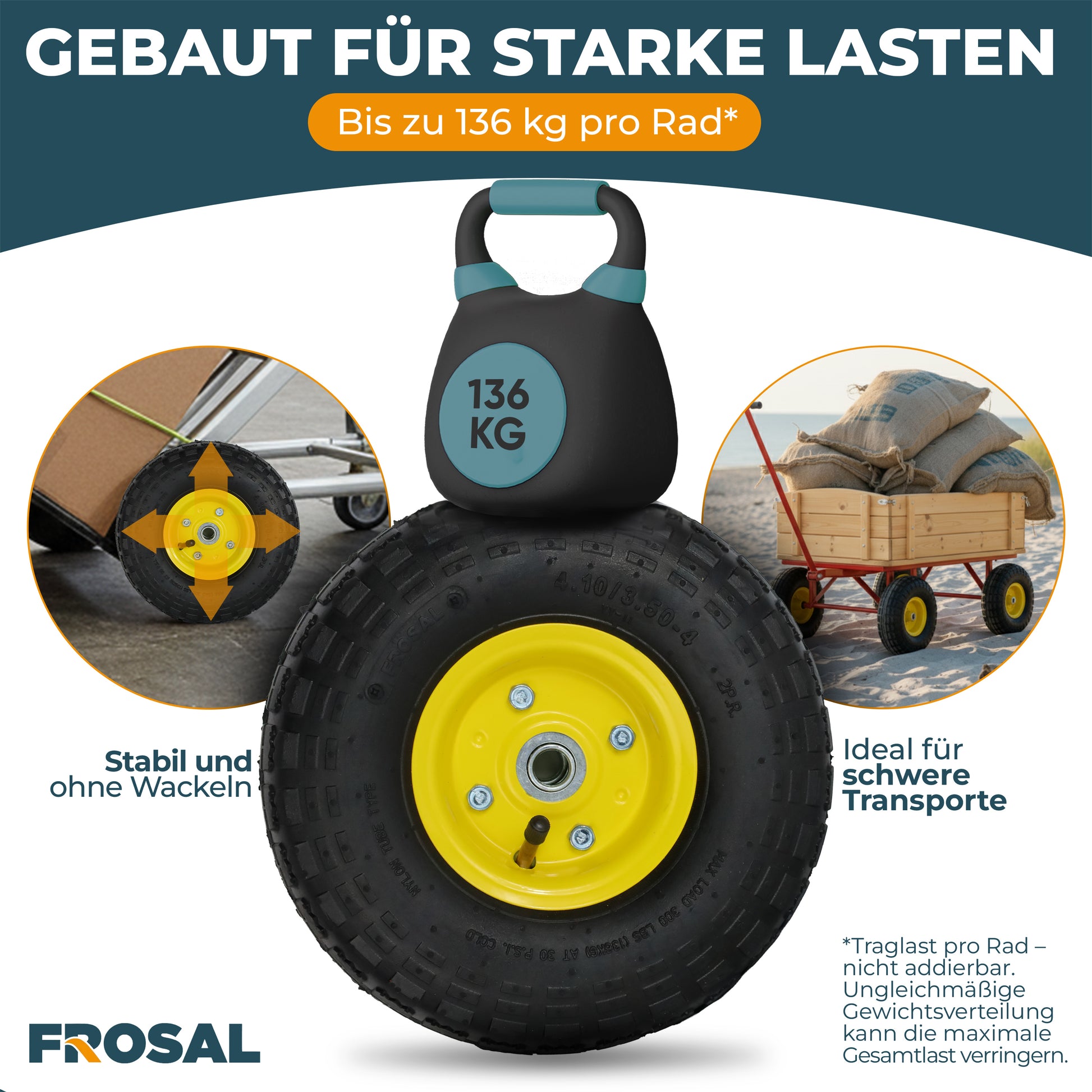 FROSAL Ersatzrad für Transportwagen Luftreifen 16 mm Achse Gelb 4.10 / 3,50 - 4