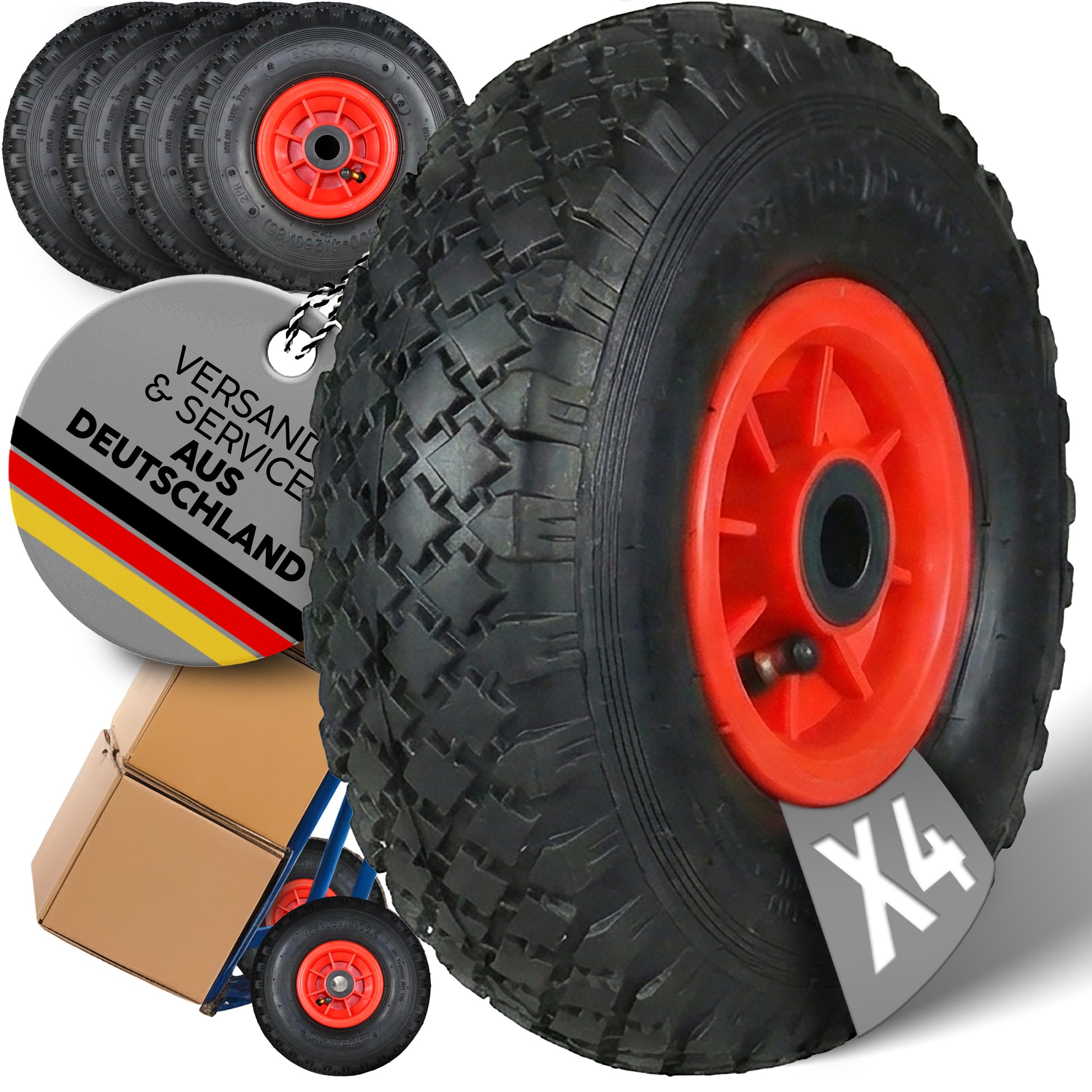 FROSAL Ersatzrad Luftbereifung - Rad für Bollerwagen oder Sackkarre Nabe 20mm/75mm 4 Stück