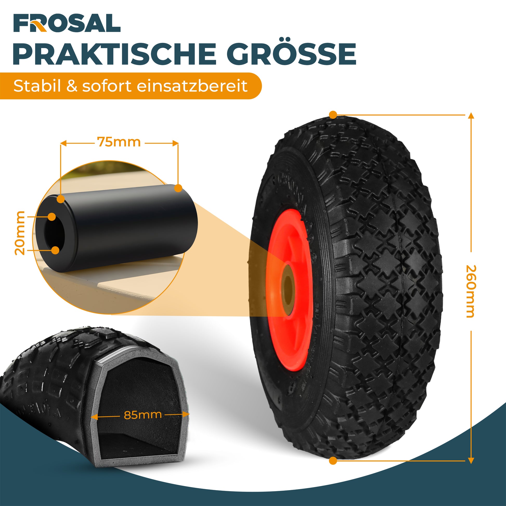 FROSAL Ersatzrad Luftbereifung - Rad für Bollerwagen oder Sackkarre Nabe 20mm/75mm