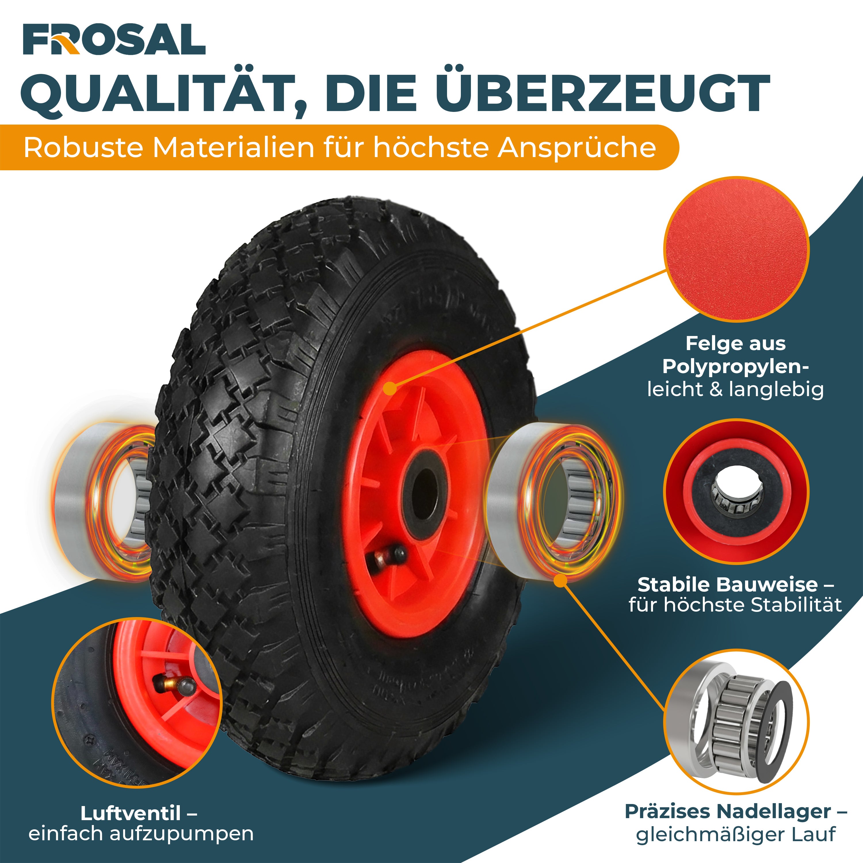 FROSAL Ersatzrad Luftbereifung - Rad für Bollerwagen oder Sackkarre Nabe 20mm/75mm