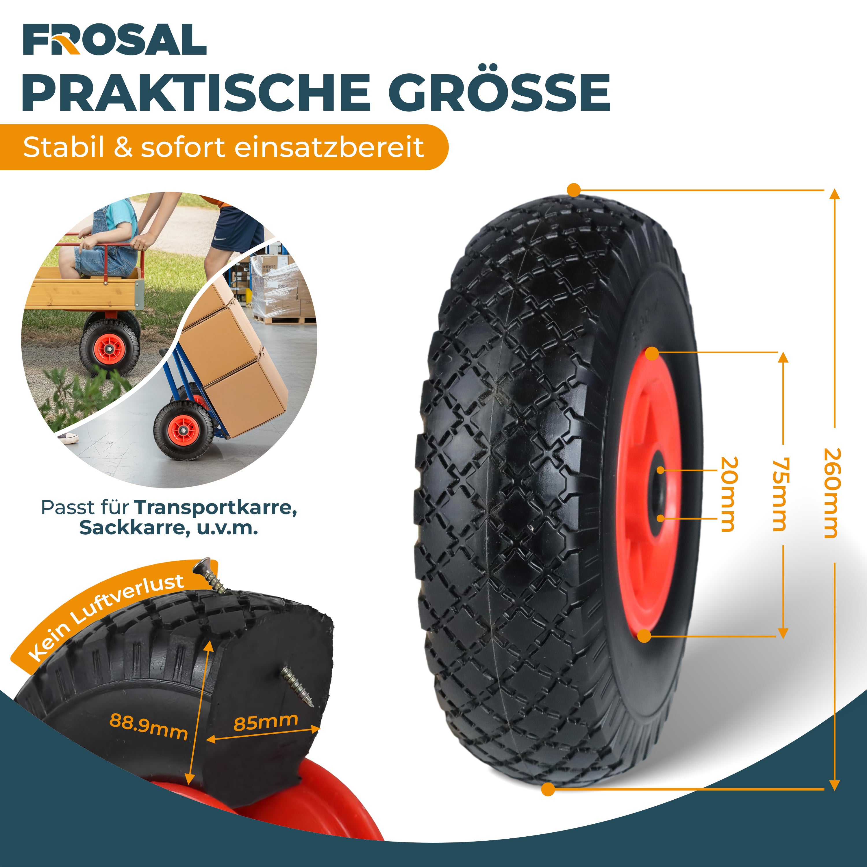 FROSAL Ersatzrad - PU Rad Nabe 20mm/75mm für Bollerwagen oder Sackkarre pannensicher