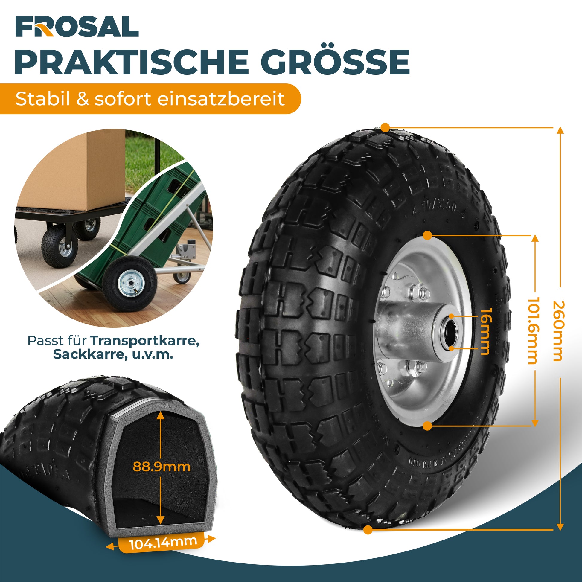 FROSAL Ersatzrad Luftreifen Transportwagen 16 mm Achse Silber 4.10 / 3,50 - 4
