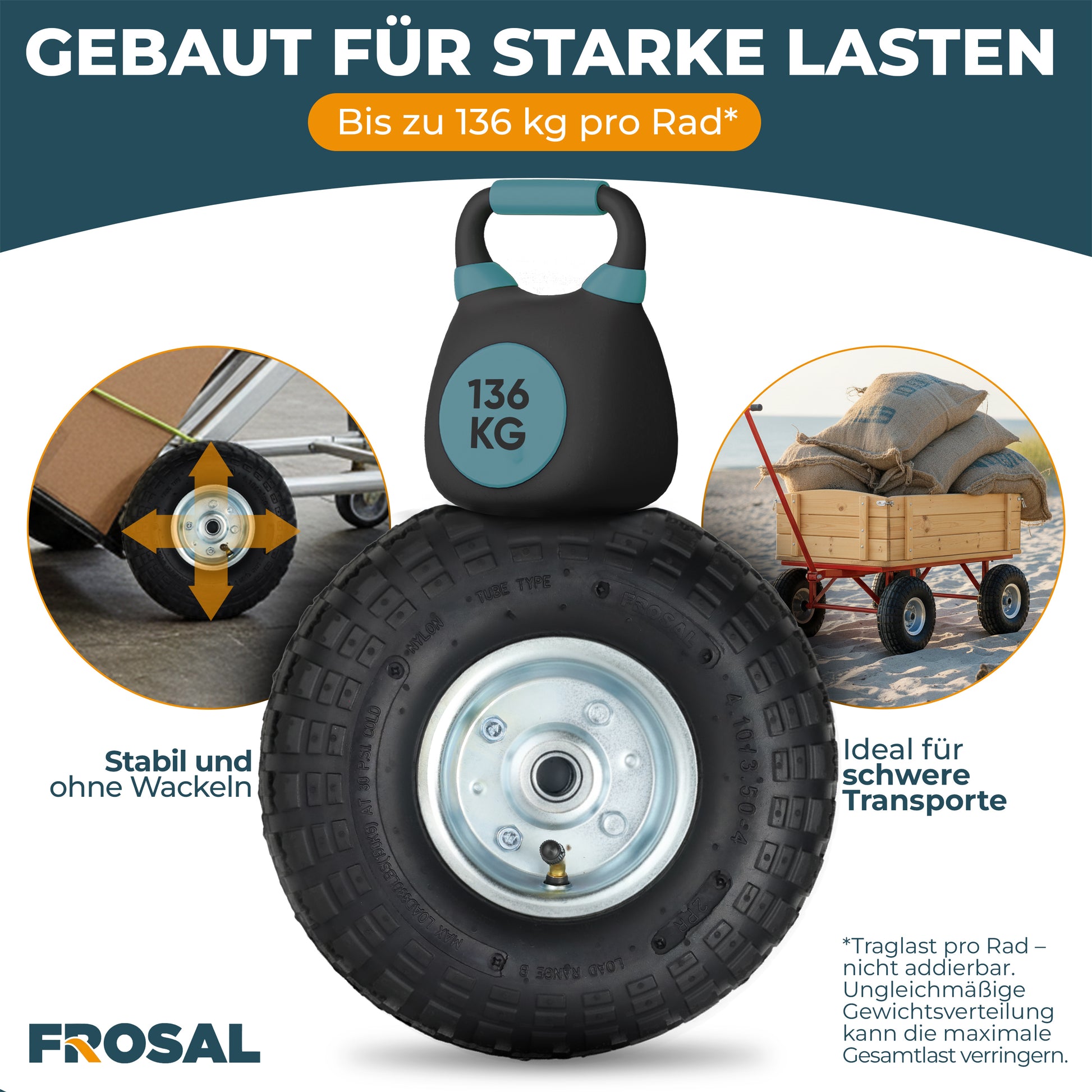 FROSAL Ersatzrad Luftreifen Transportwagen 16 mm Achse Silber 4.10 / 3,50 - 4