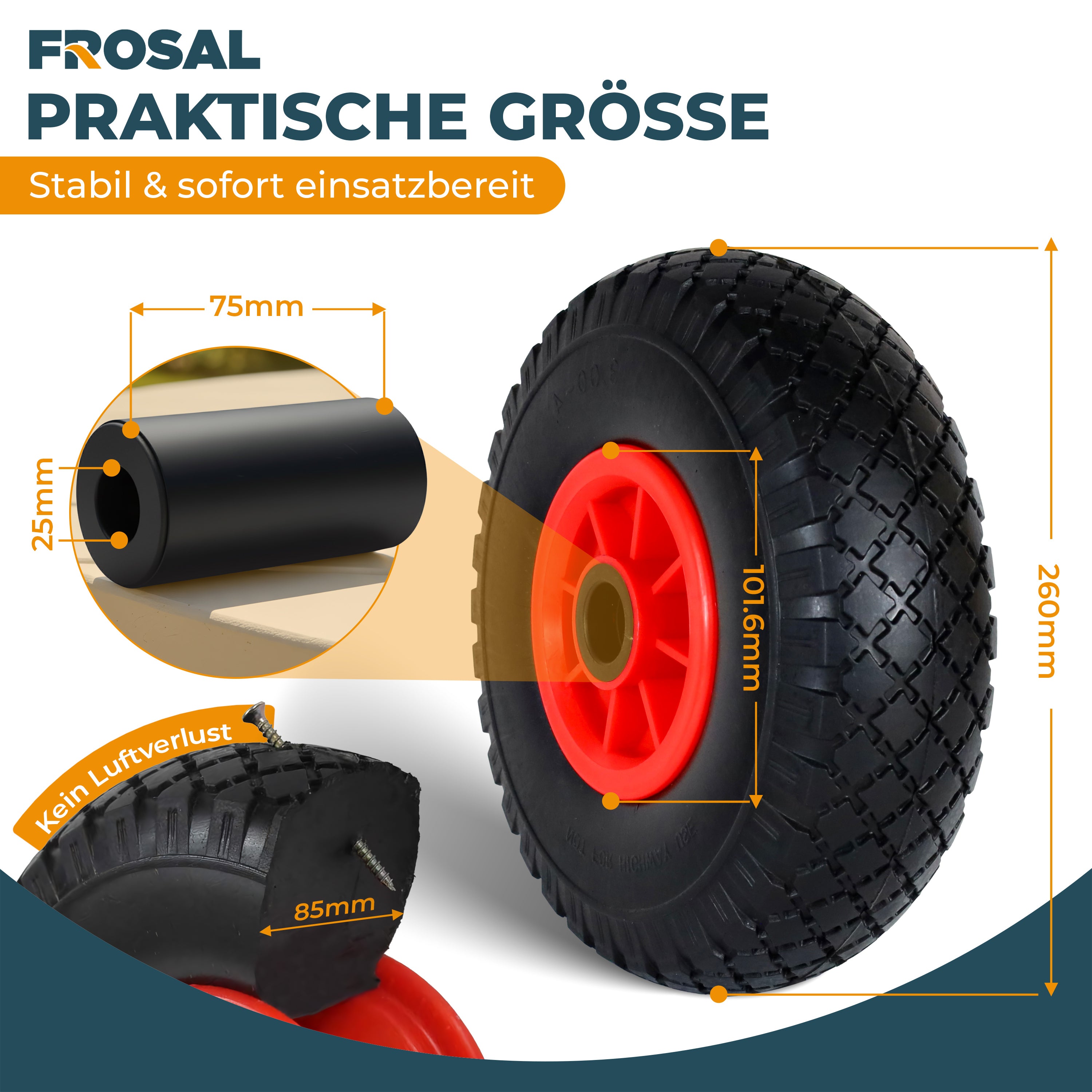 FROSAL Ersatzrad - PU Rad Nabe 25mm/75mm für Bollerwagen oder Sackkarre pannensicher
