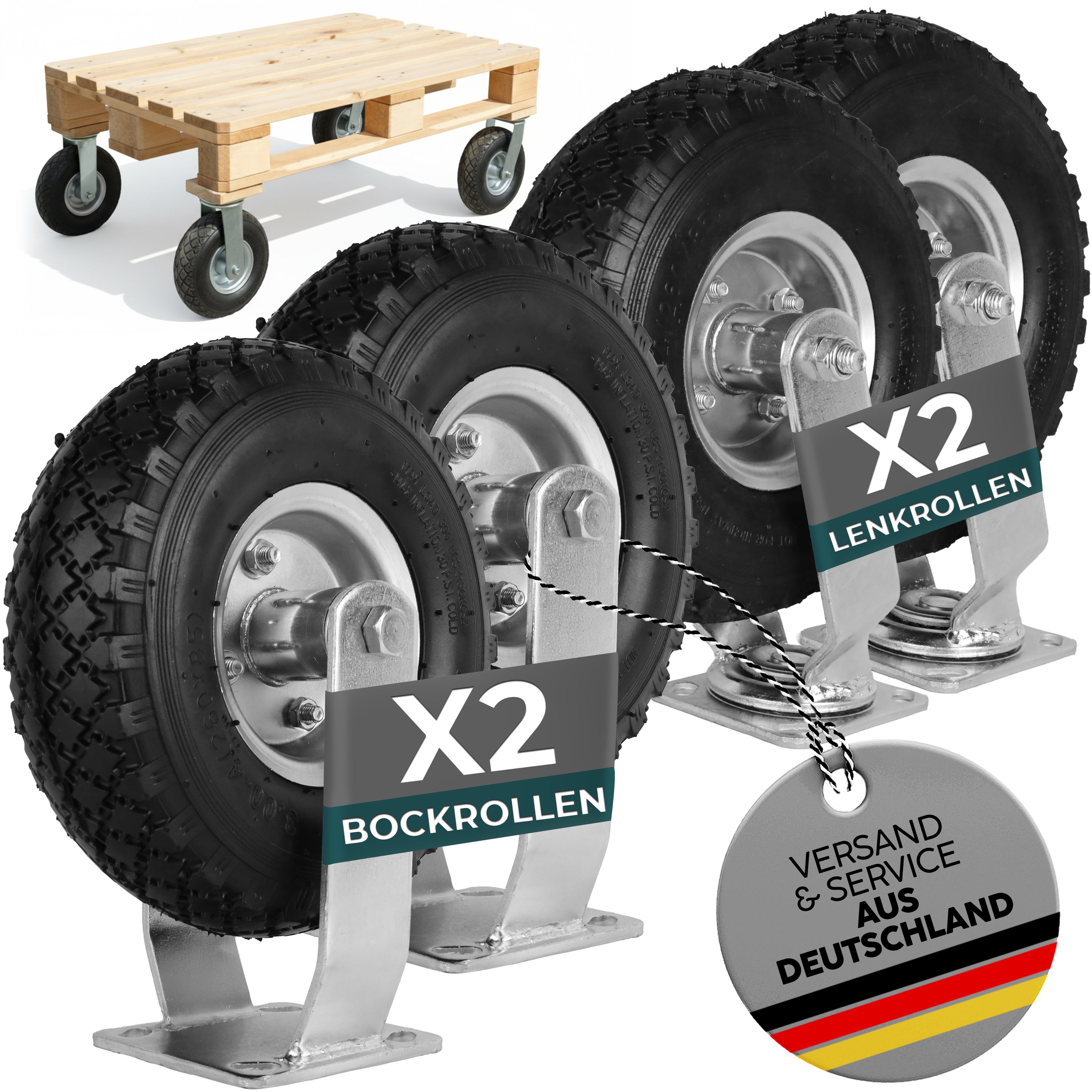 2 x FROSAL Bockrolle + 2 x Lenkrolle Set Ø 260 x 85 mm | 3.00-4 Rad als 4-tlg. Set | Luftrad
