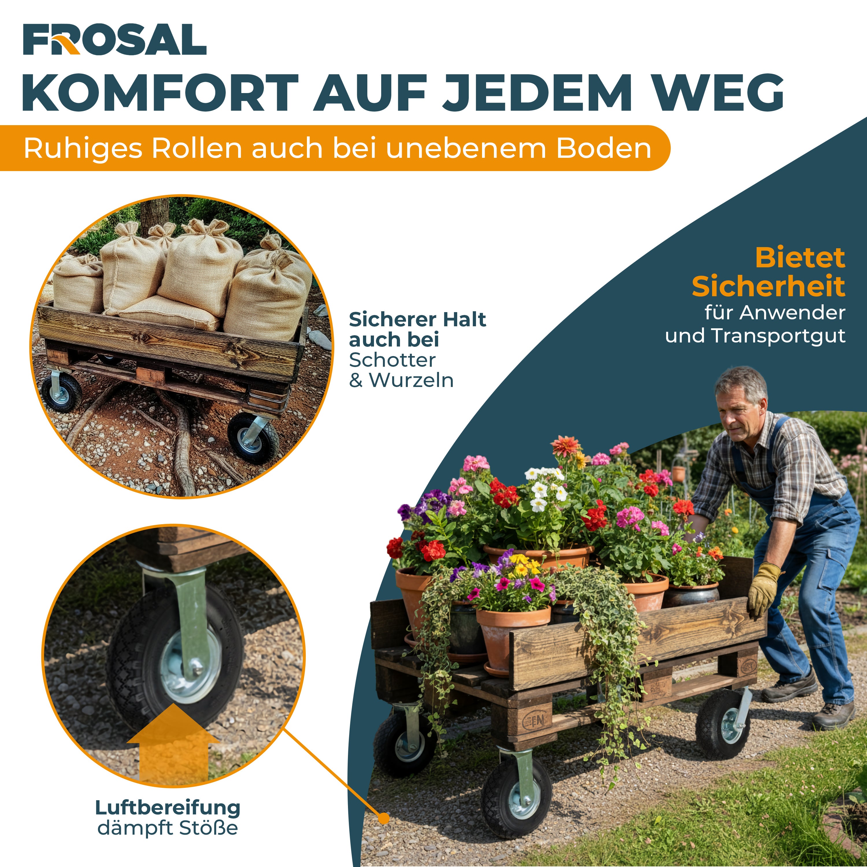 2 x FROSAL Bockrolle + 2 x Lenkrolle Set Ø 260 x 85 mm | 3.00-4 Rad als 4-tlg. Set | Luftrad