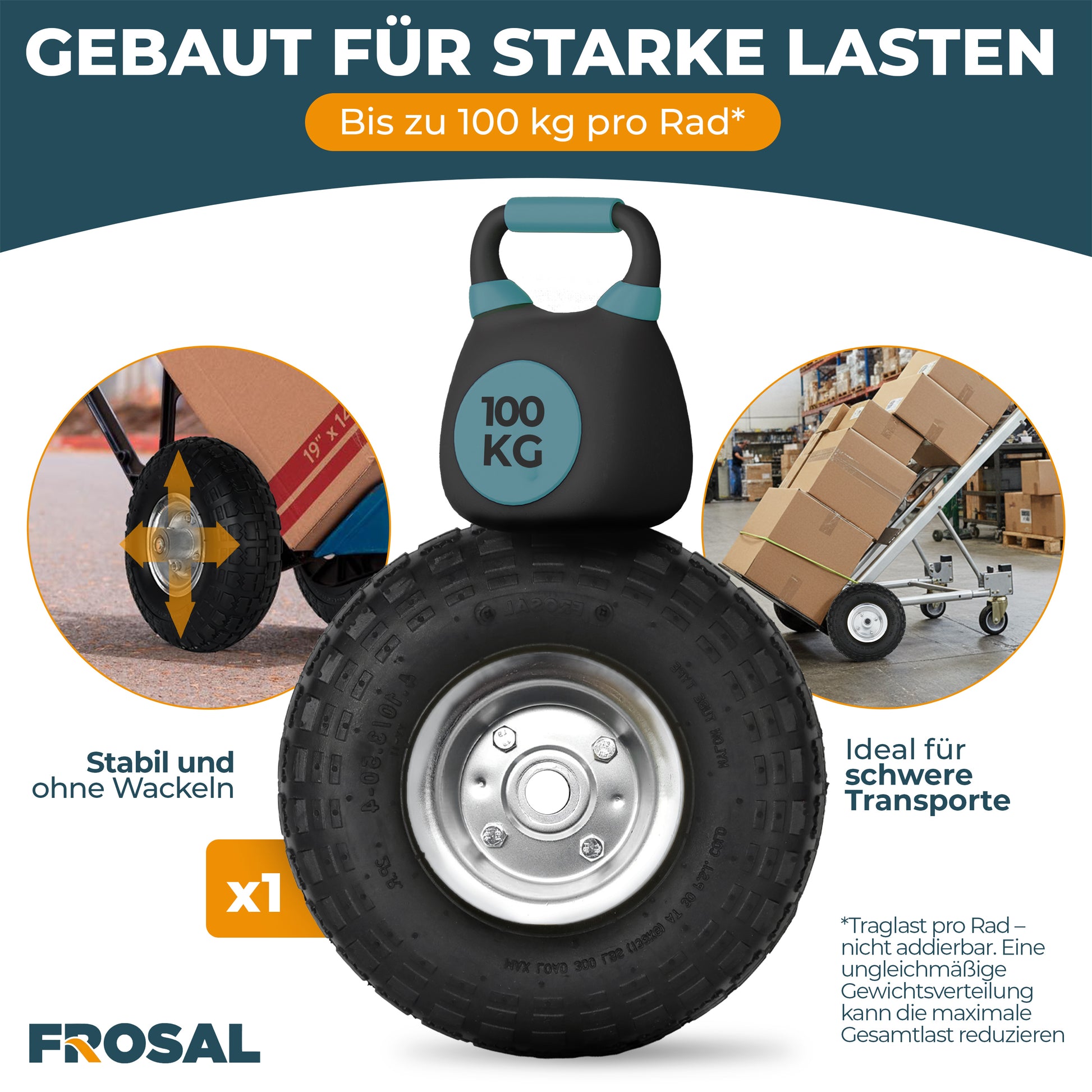 FROSAL Ersatzrad pannensicher Transportwagen 16 mm Achse Silber 4.10 / 3,50 - 4