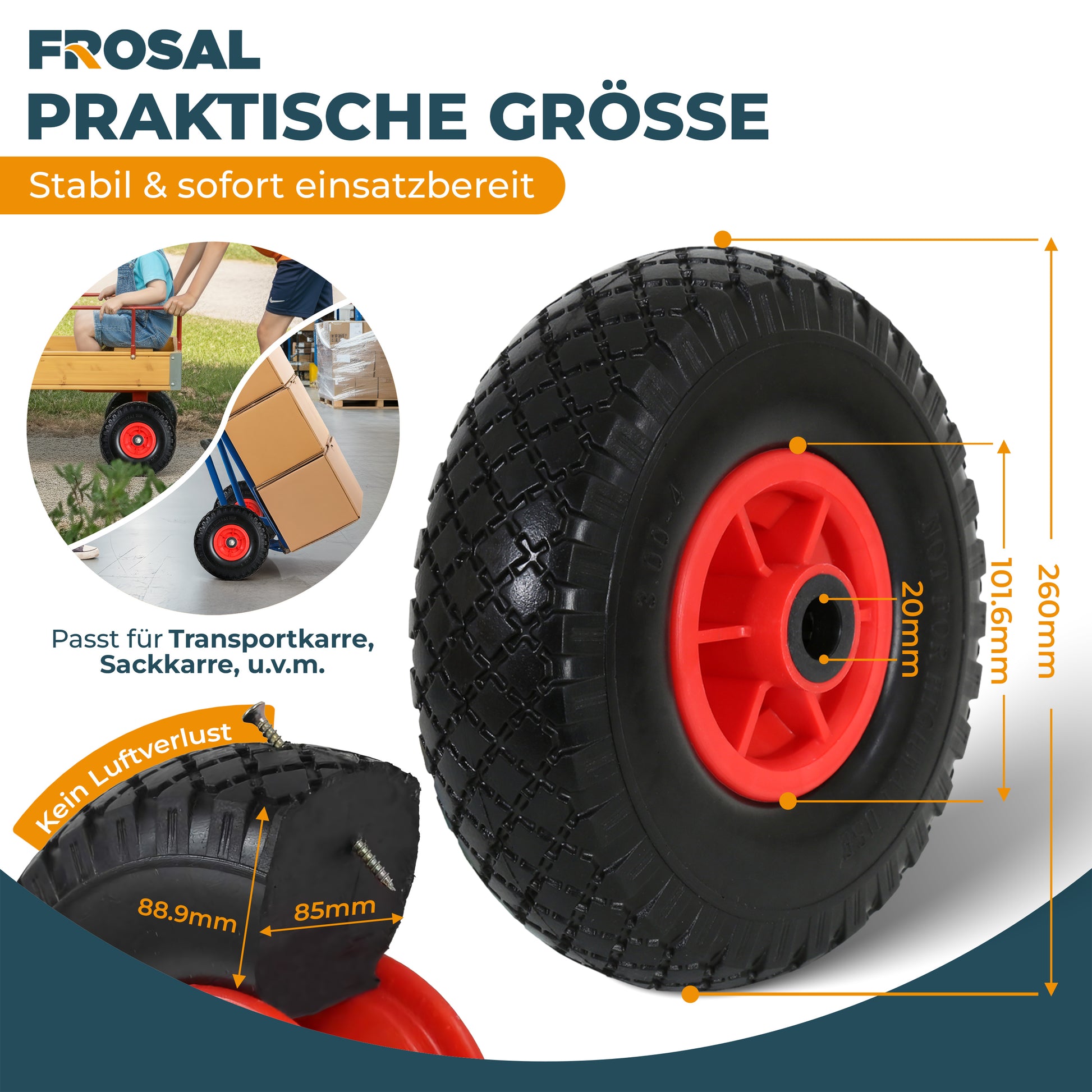 FROSAL Ersatzrad - PU Rad Nabe 20mm/60mm für Bollerwagen oder Sackkarre pannensicher