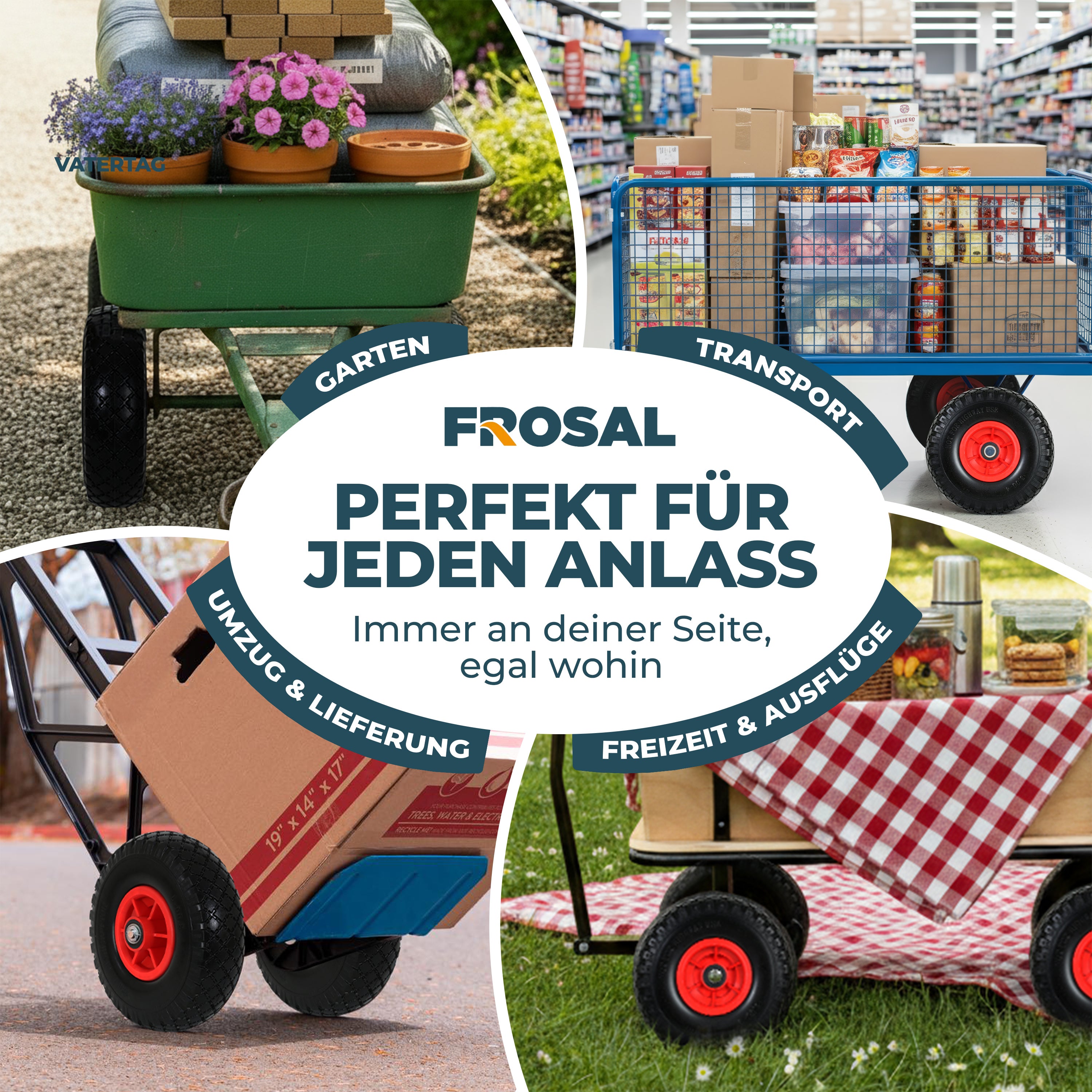 FROSAL Ersatzrad - PU Rad Nabe 20mm/60mm für Bollerwagen oder Sackkarre pannensicher