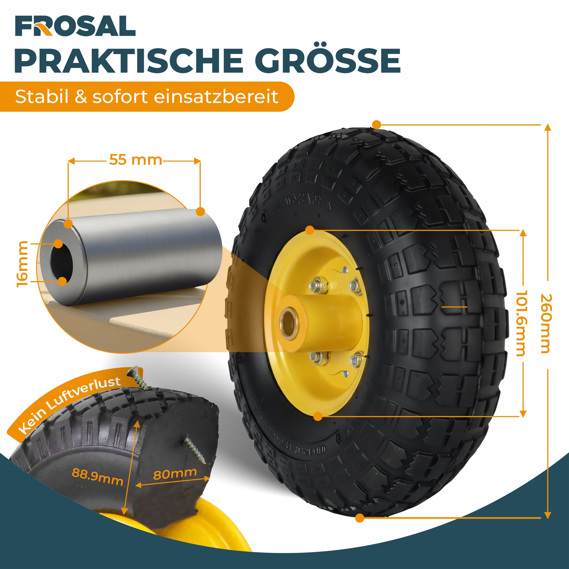 FROSAL Ersatzrad Transportwagen pannensicher 16 mm Achse Gelb 4.10 / 3,50