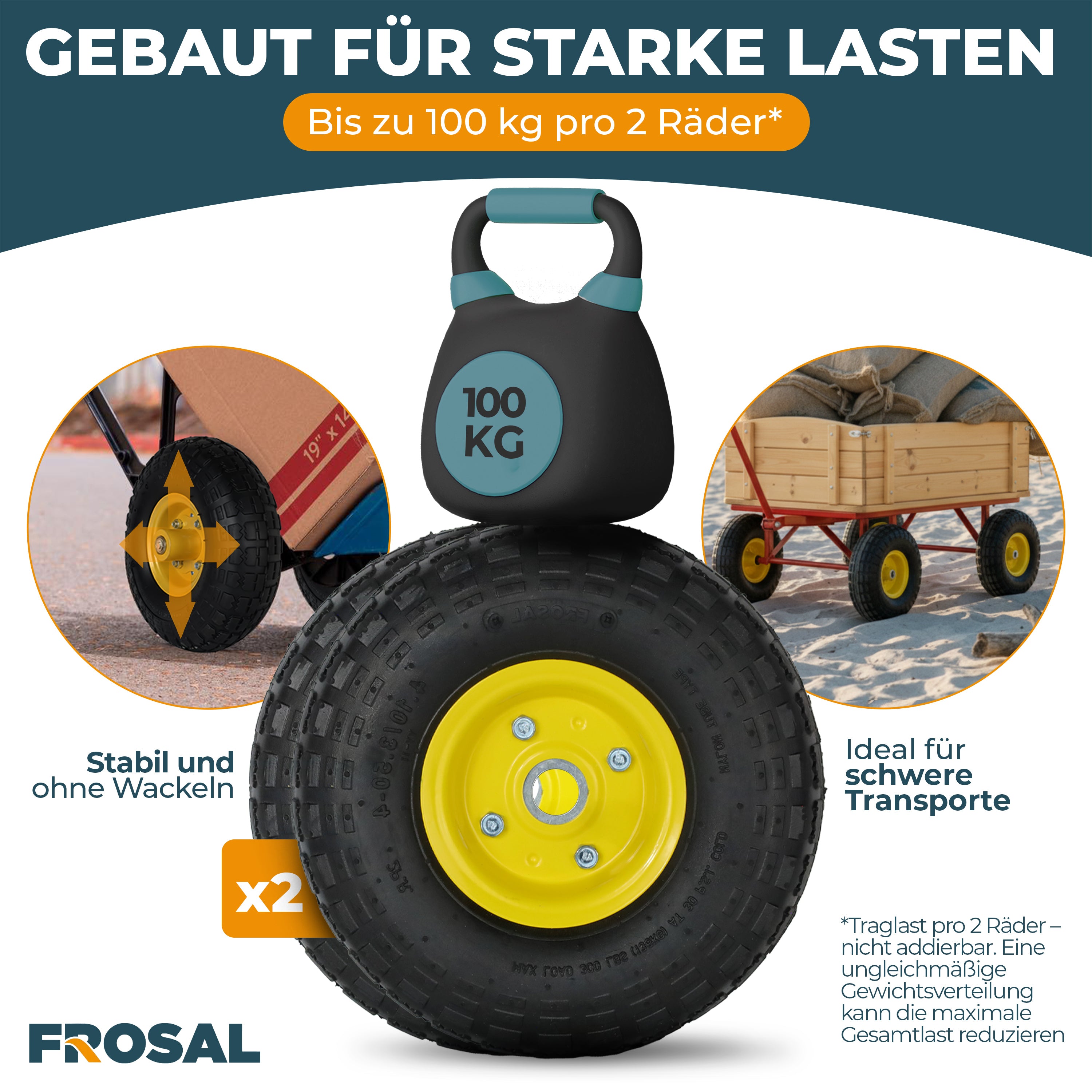 FROSAL Ersatzrad Transportwagen pannensicher 16 mm Achse Gelb 4.10 / 3,50