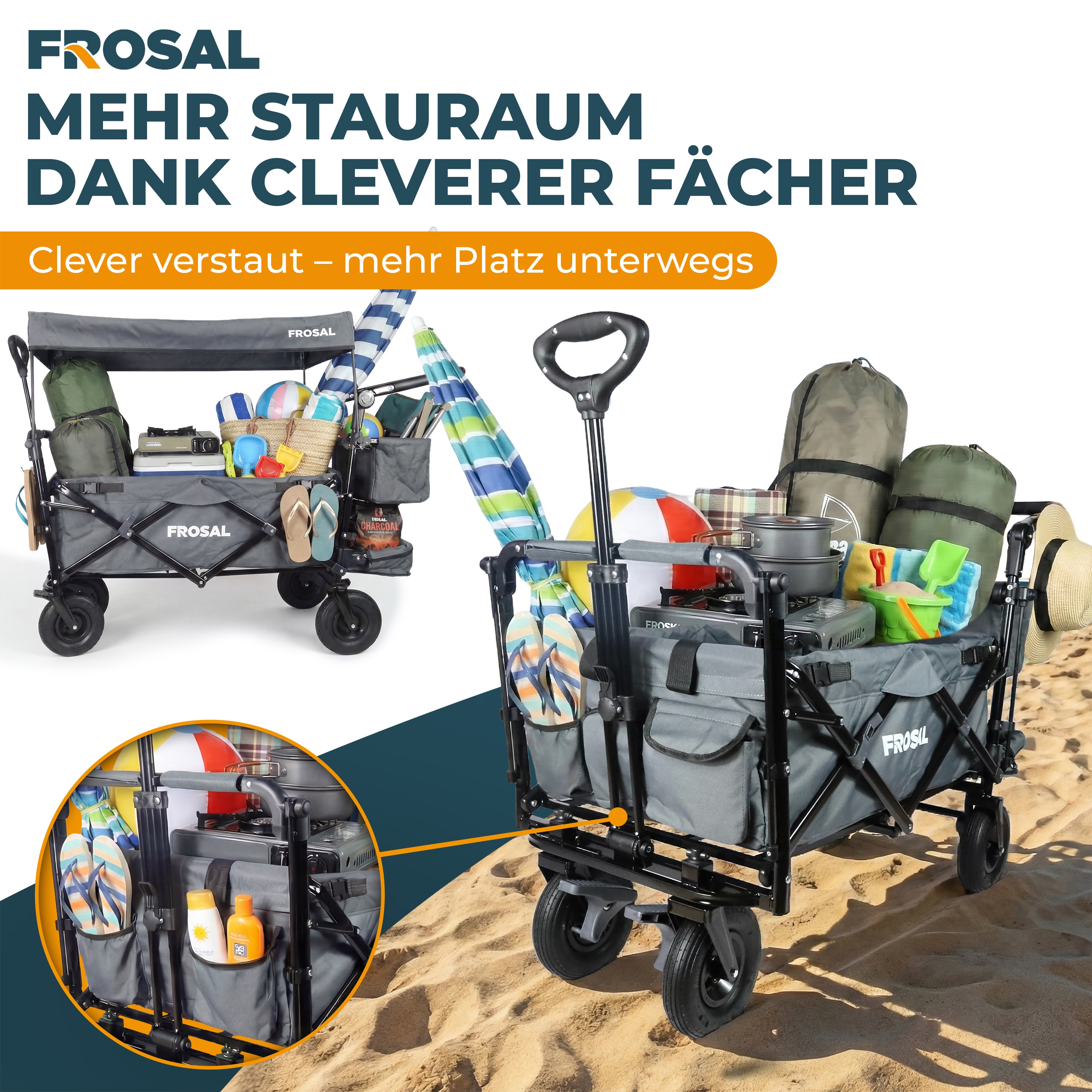 FROSAL Faltbarer Bollerwagen Leo grau mit Luftreifen