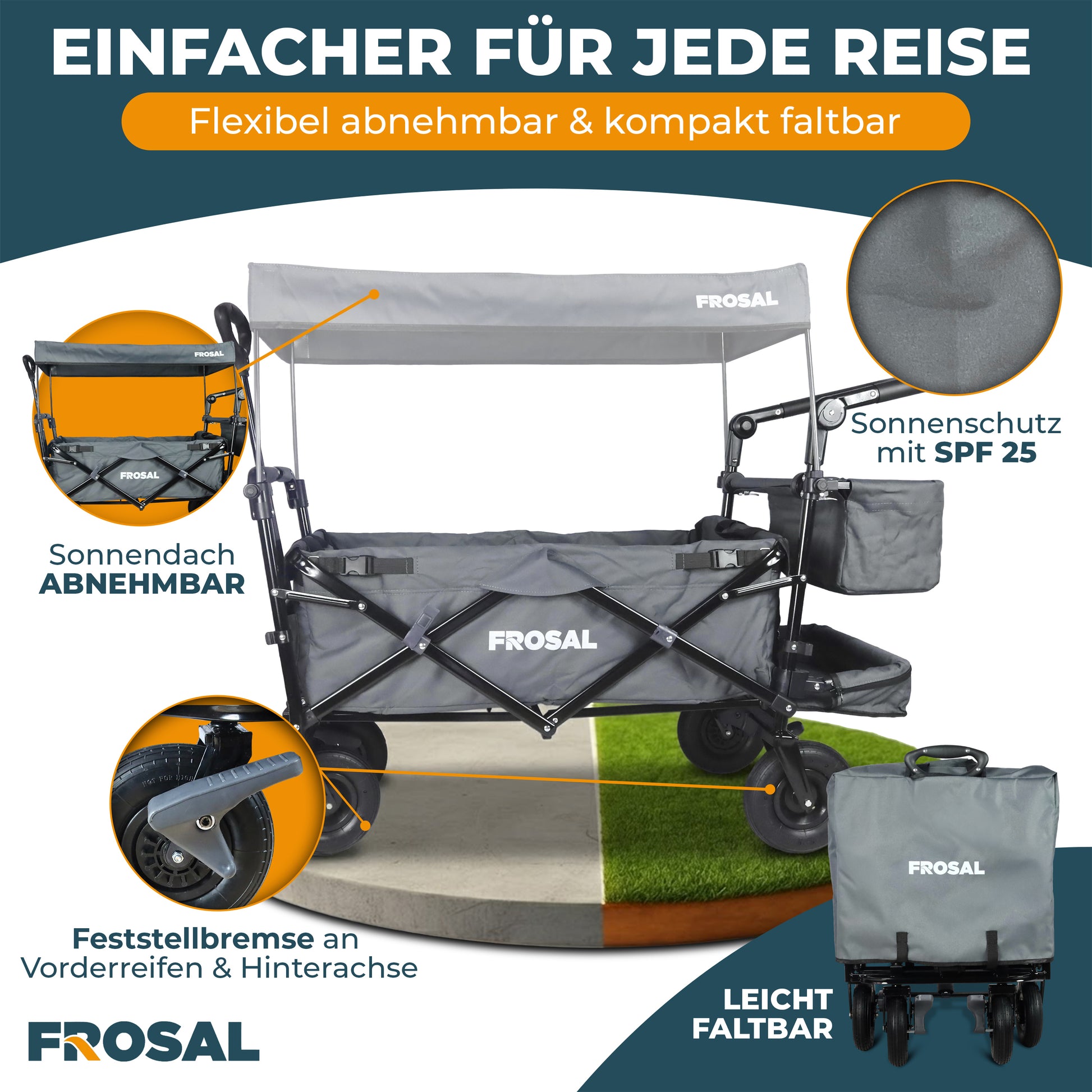 FROSAL Faltbarer Bollerwagen Leo grau mit Luftreifen
