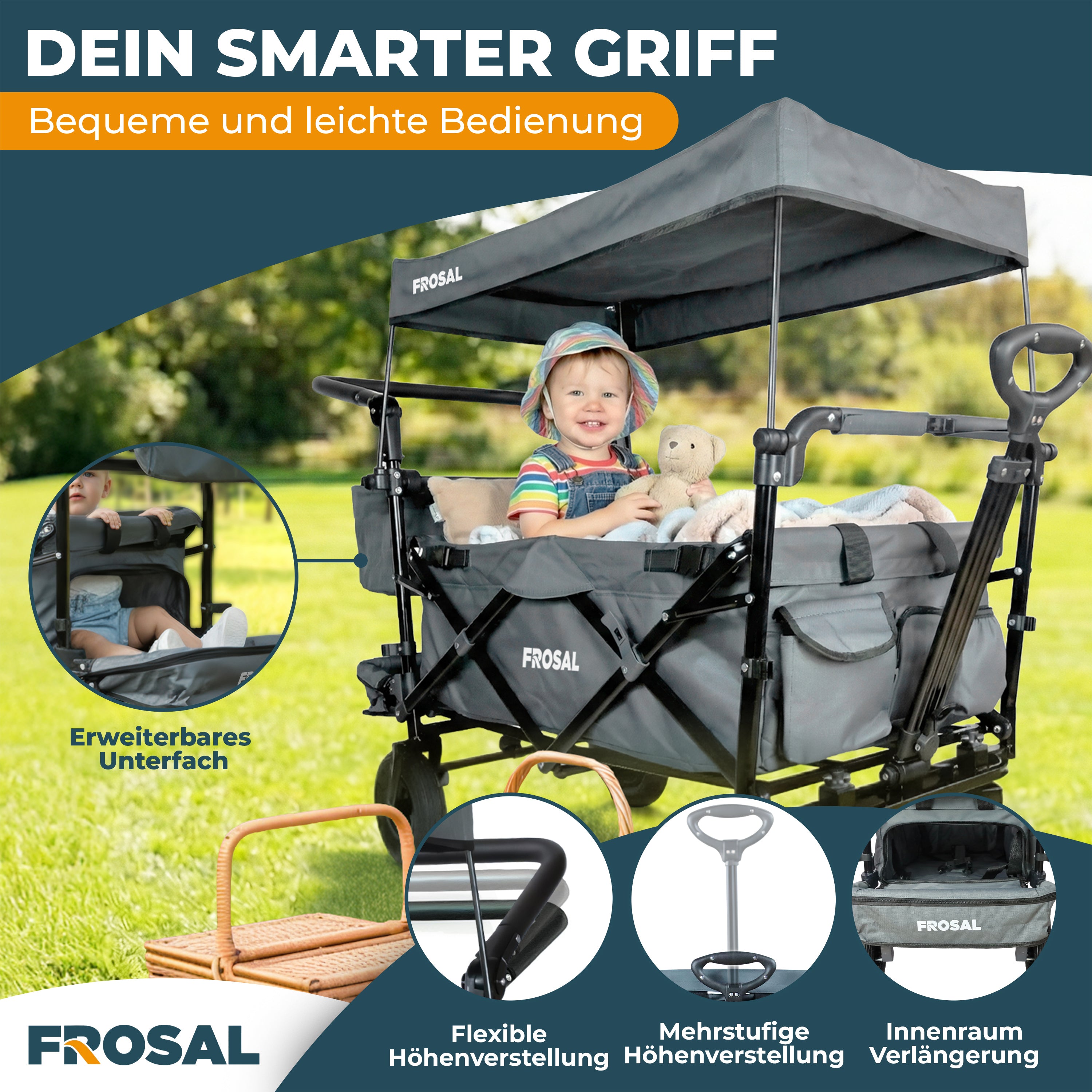 FROSAL Faltbarer Bollerwagen Leo grau mit Luftreifen
