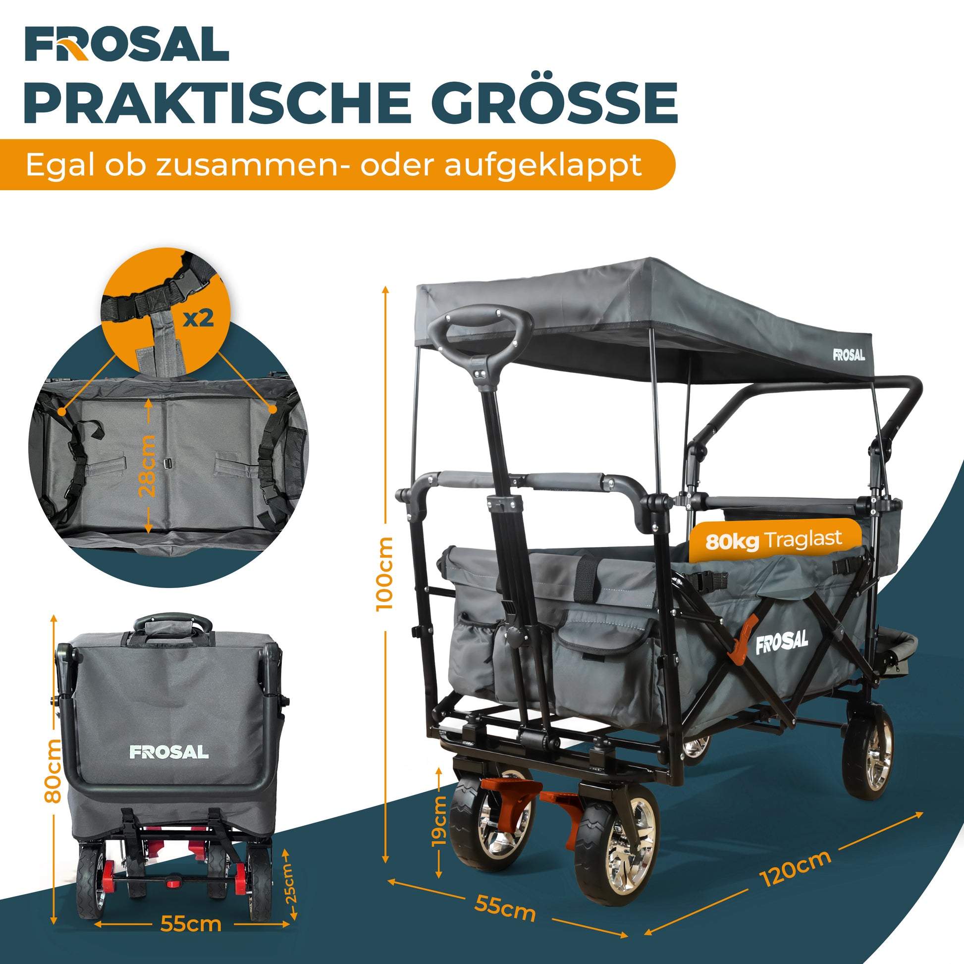 FROSAL faltbarer Bollerwagen Leo mit Sonnendach und Stauraumerweiterung