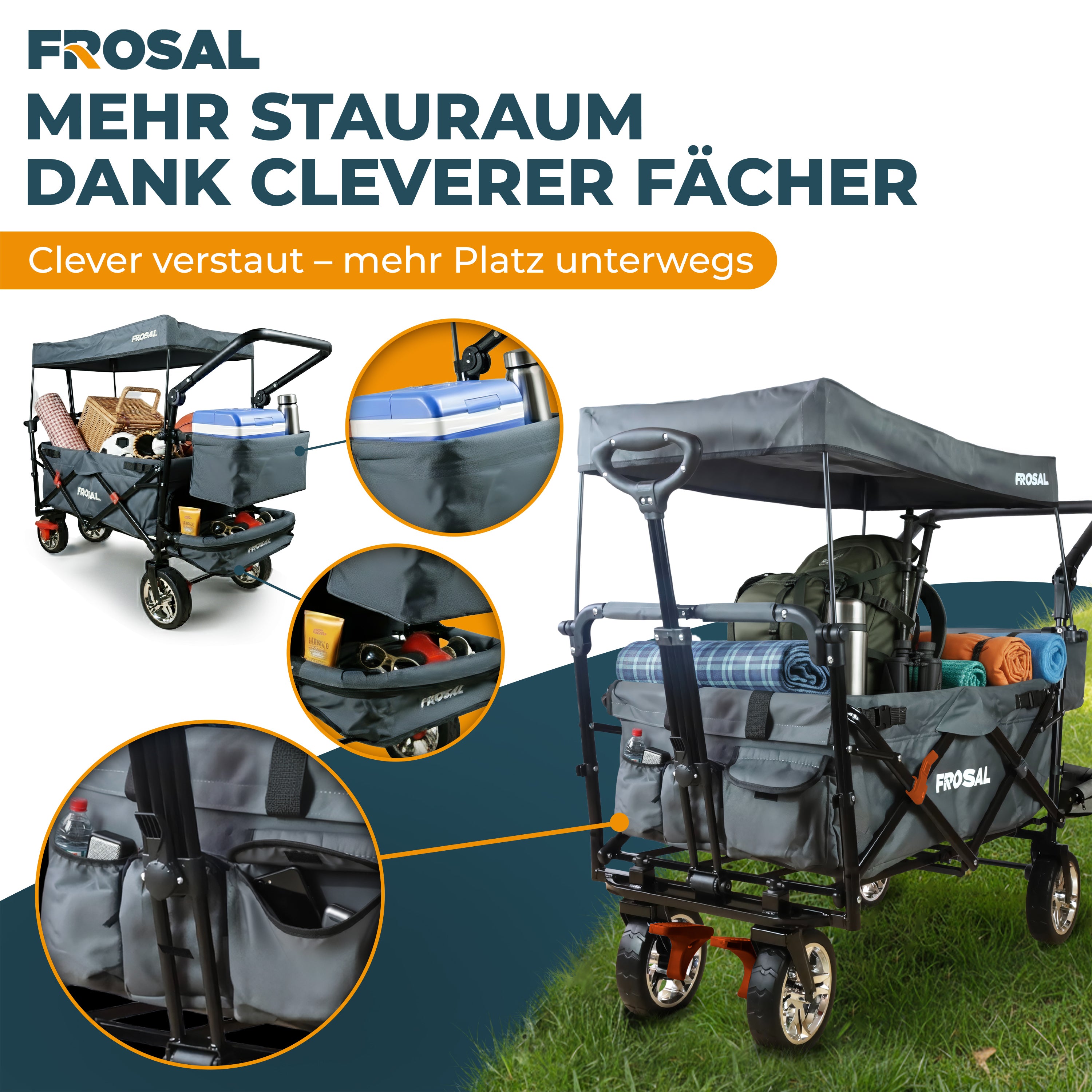 FROSAL faltbarer Bollerwagen Leo mit Sonnendach und Stauraumerweiterung