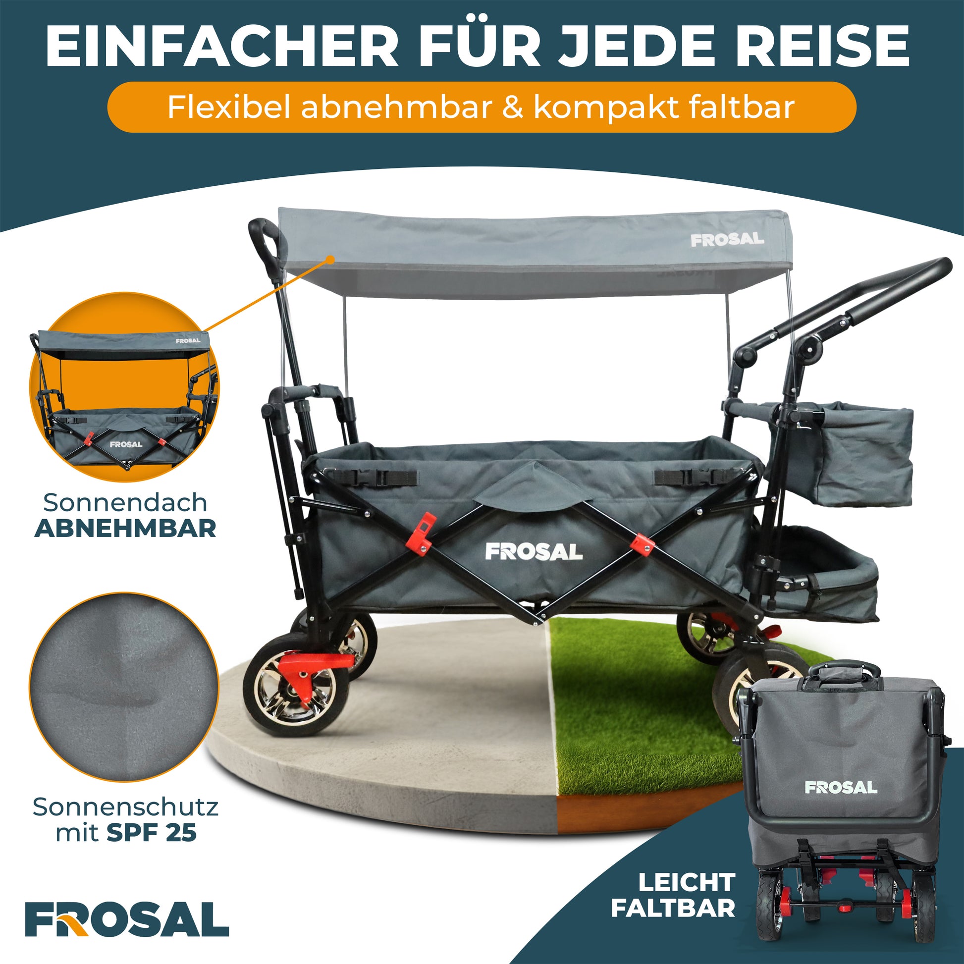 FROSAL faltbarer Bollerwagen Leo mit Sonnendach und Stauraumerweiterung
