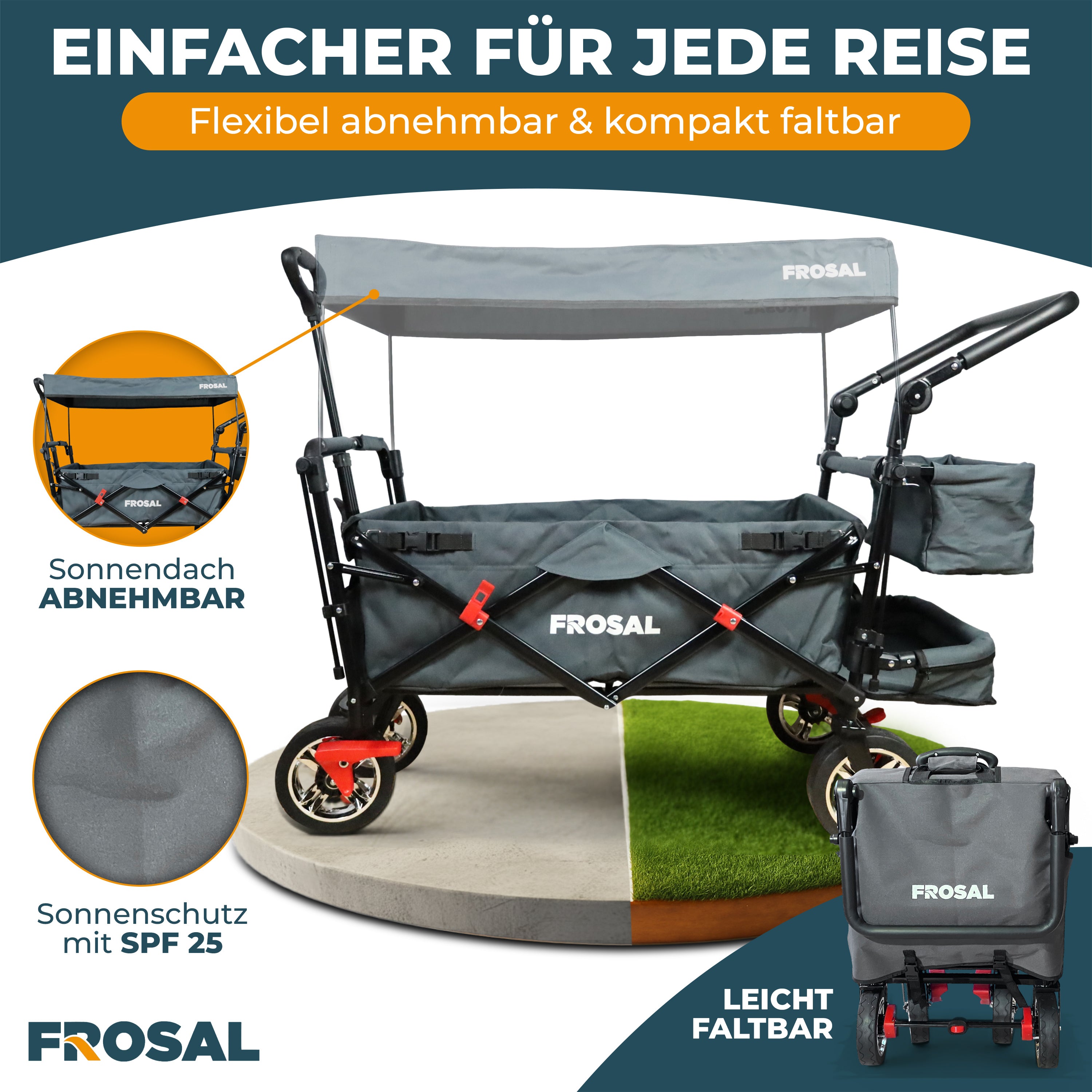 FROSAL faltbarer Bollerwagen Leo mit Sonnendach und Stauraumerweiterung