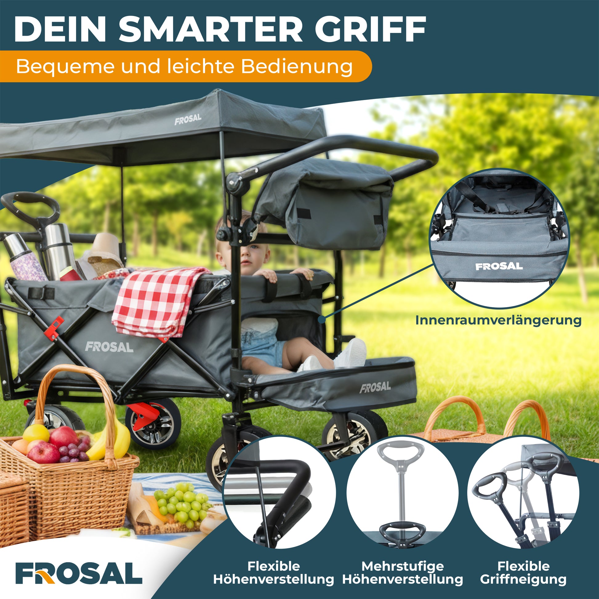 FROSAL faltbarer Bollerwagen Leo mit Sonnendach und Stauraumerweiterung