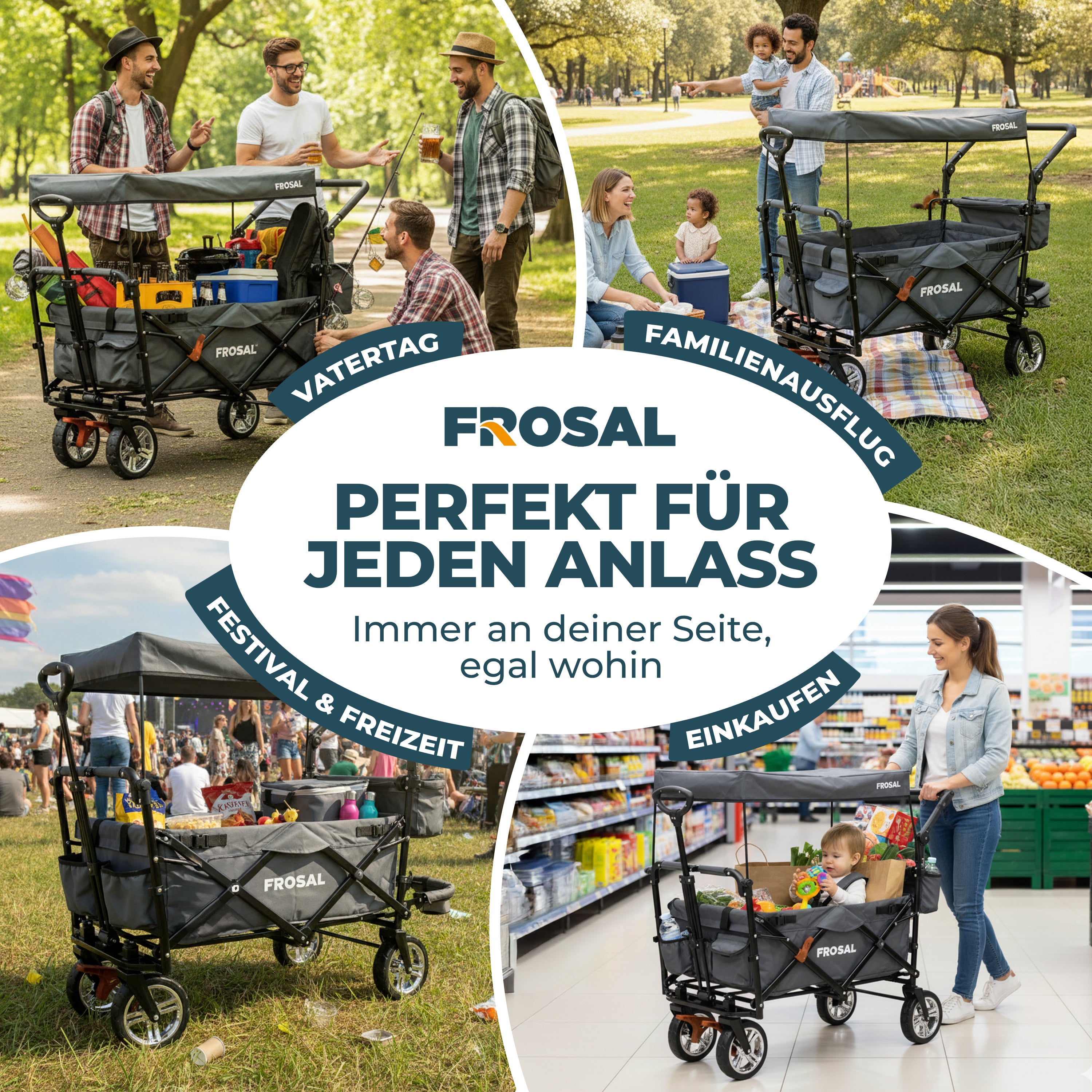 FROSAL faltbarer Bollerwagen Leo mit Sonnendach und Stauraumerweiterung