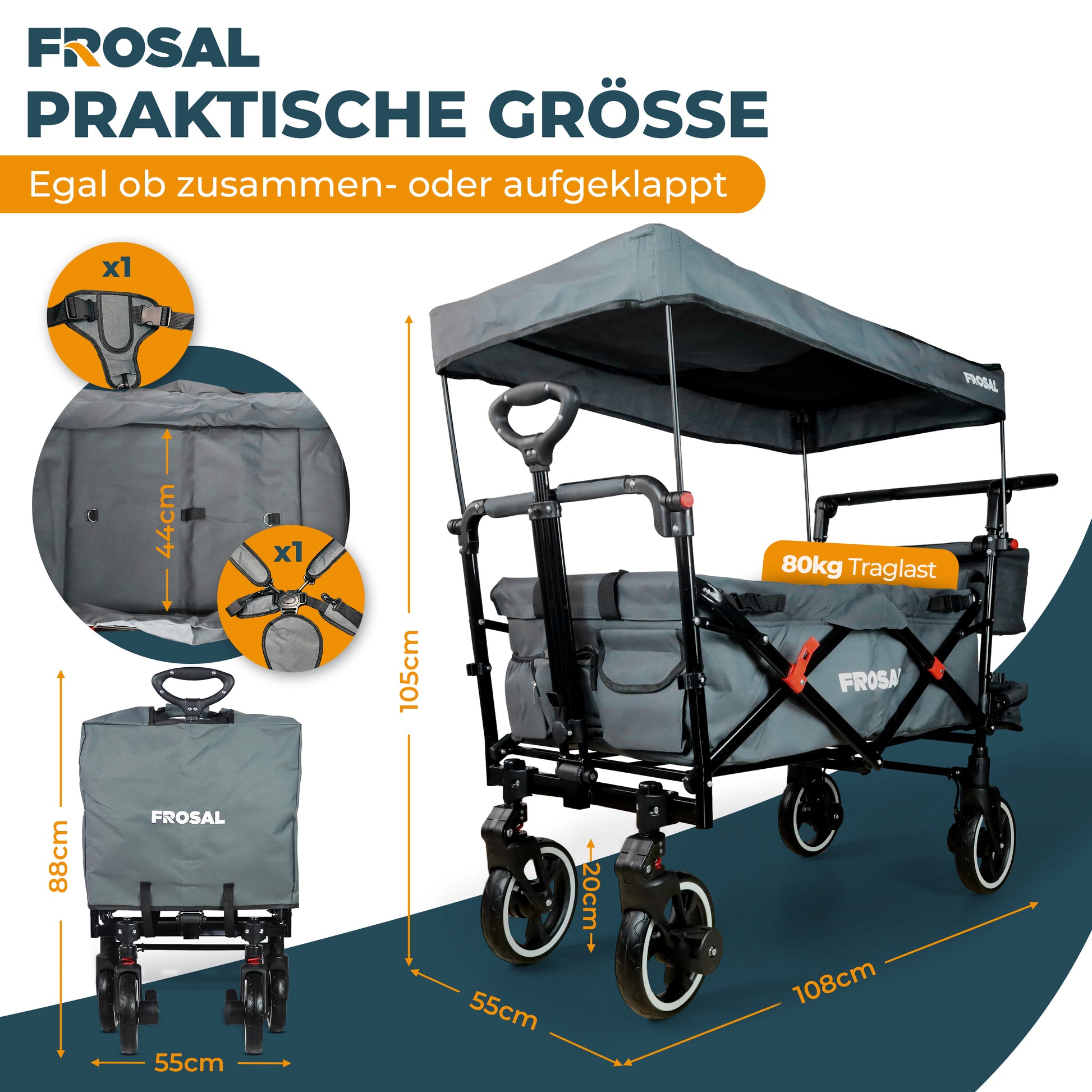 FROSAL Bollerwagen Paul faltbar grau Premium Handwagen für Kinder