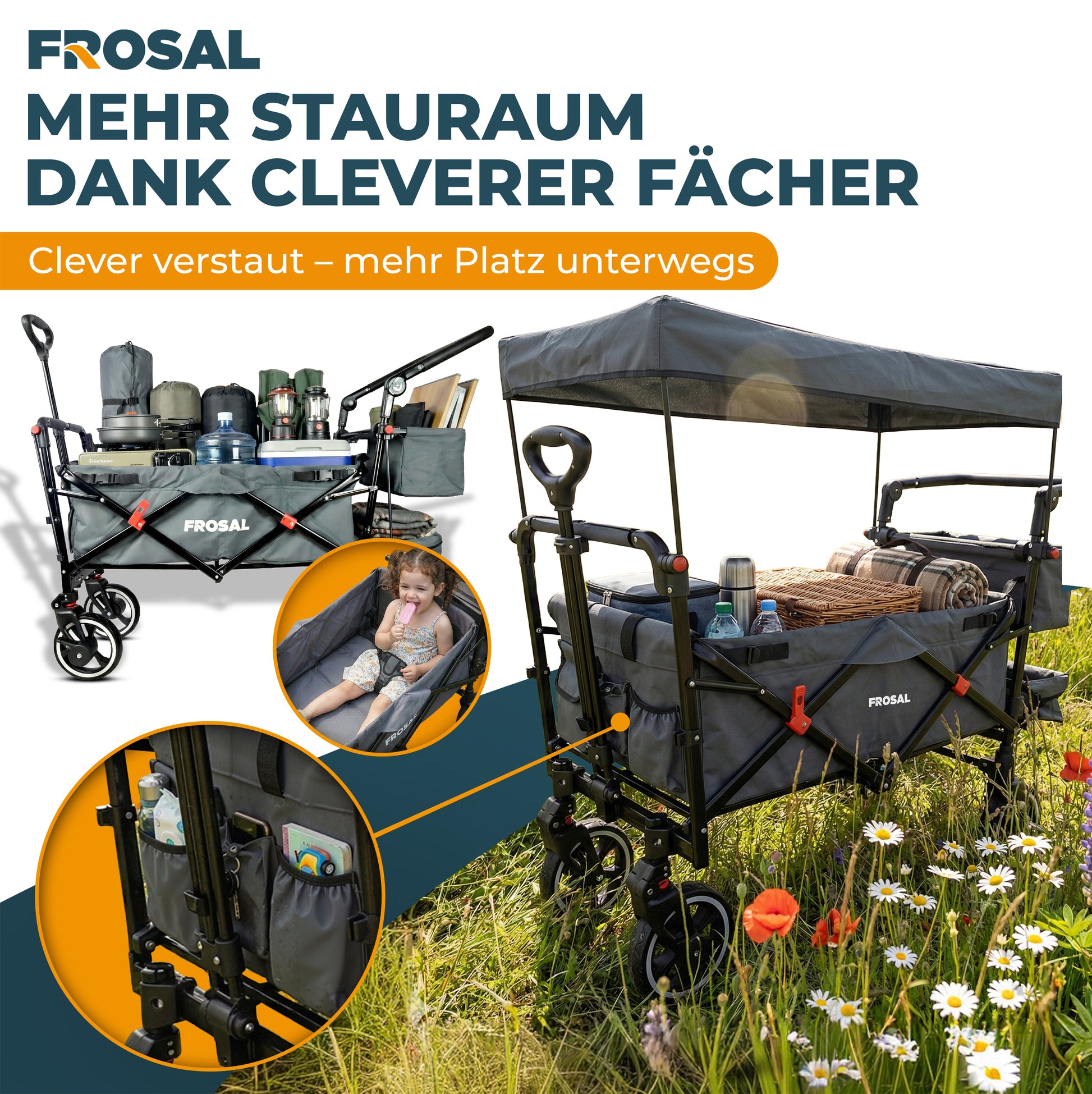 FROSAL Bollerwagen Paul faltbar grau Premium Handwagen für Kinder