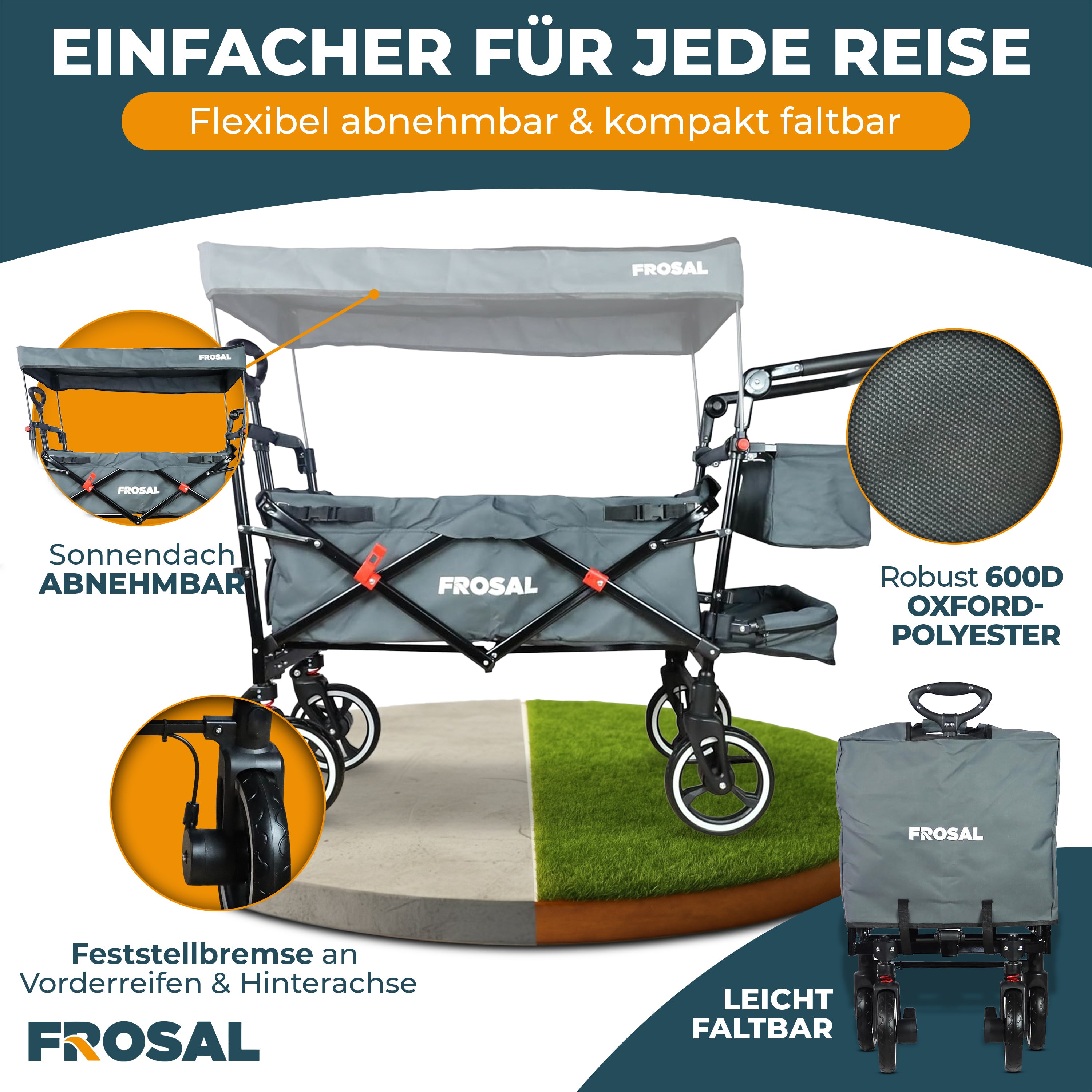 FROSAL Bollerwagen Paul faltbar grau Premium Handwagen für Kinder