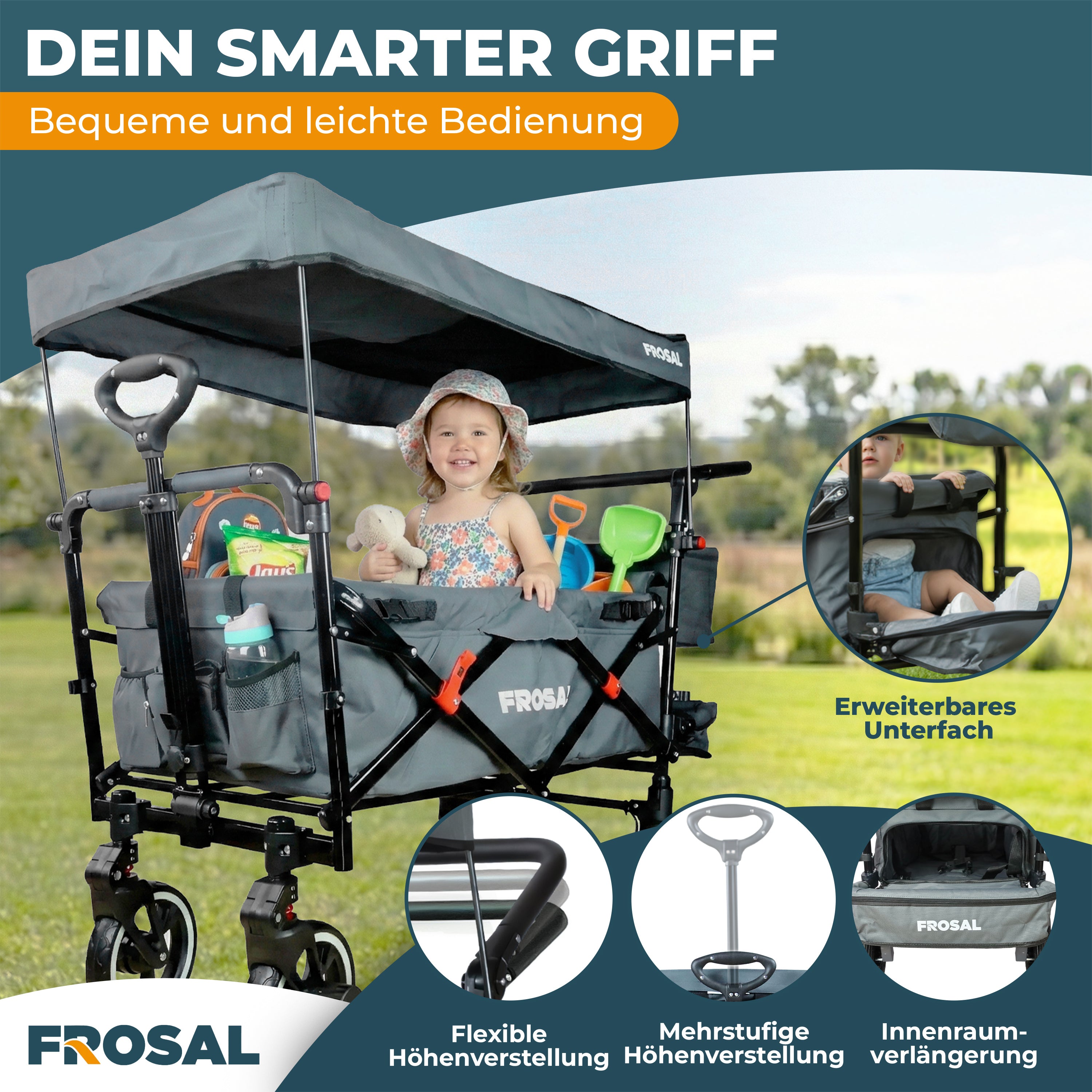 FROSAL Bollerwagen Paul faltbar grau Premium Handwagen für Kinder