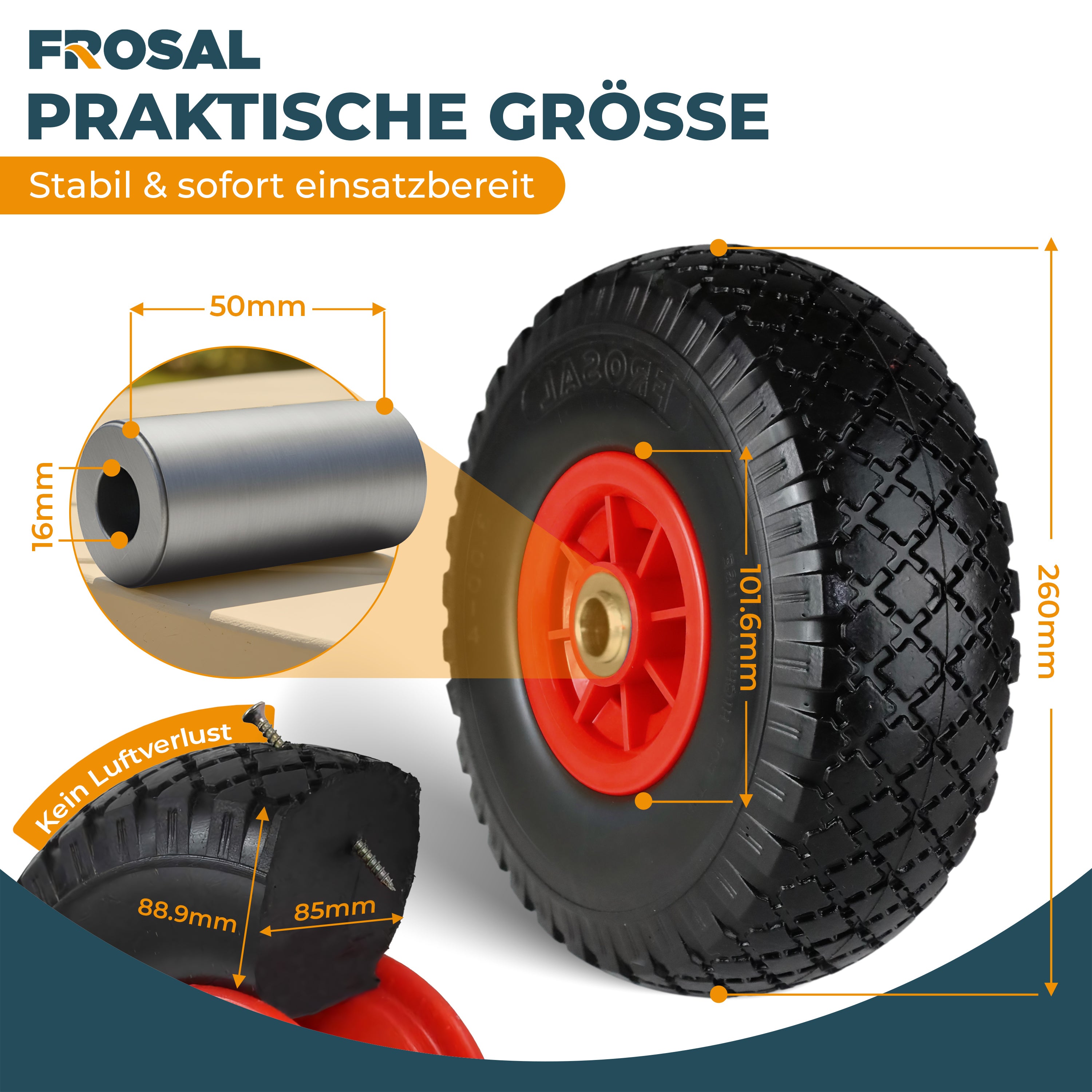 FROSAL Ersatzrad - PU Rad Nabe 16mm/50mm für Bollerwagen oder Sackkarre pannensicher Felge rot