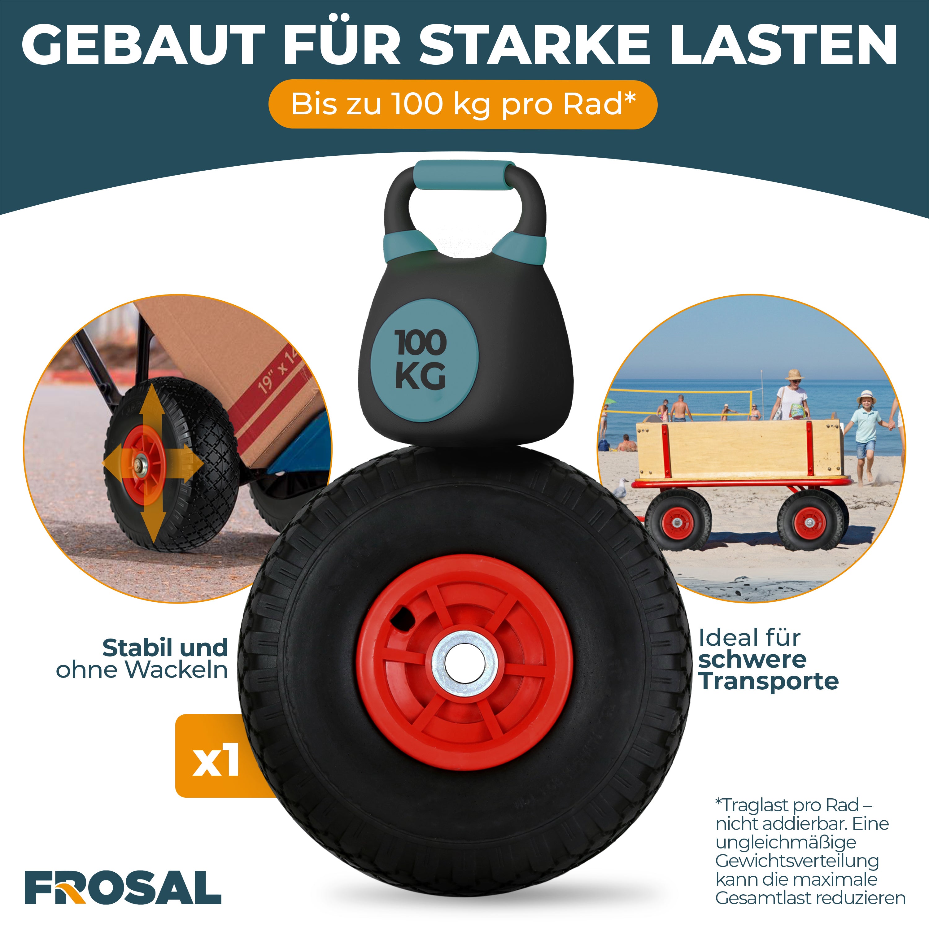 FROSAL Ersatzrad - PU Rad Nabe 16mm/50mm für Bollerwagen oder Sackkarre pannensicher Felge rot