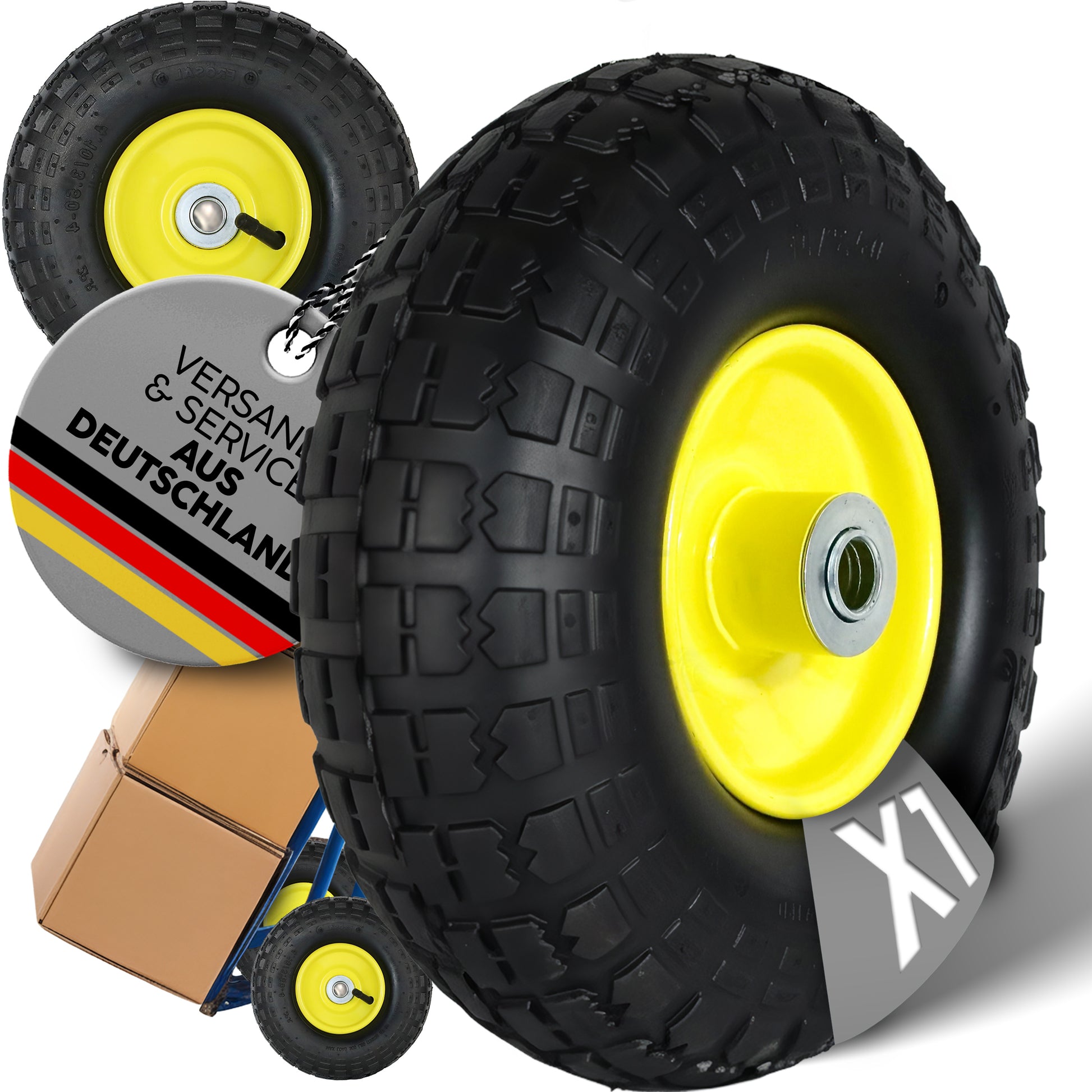 FROSAL Ersatzrad – Luftreifen 260x85 (4.10/3.50-4) mit Kugellager, Nabenlänge 50 mm, Achsdurchmesser 16 mm, gelbe Stahlfelge – für Sackkarre & Bollerwagen 1 Stück