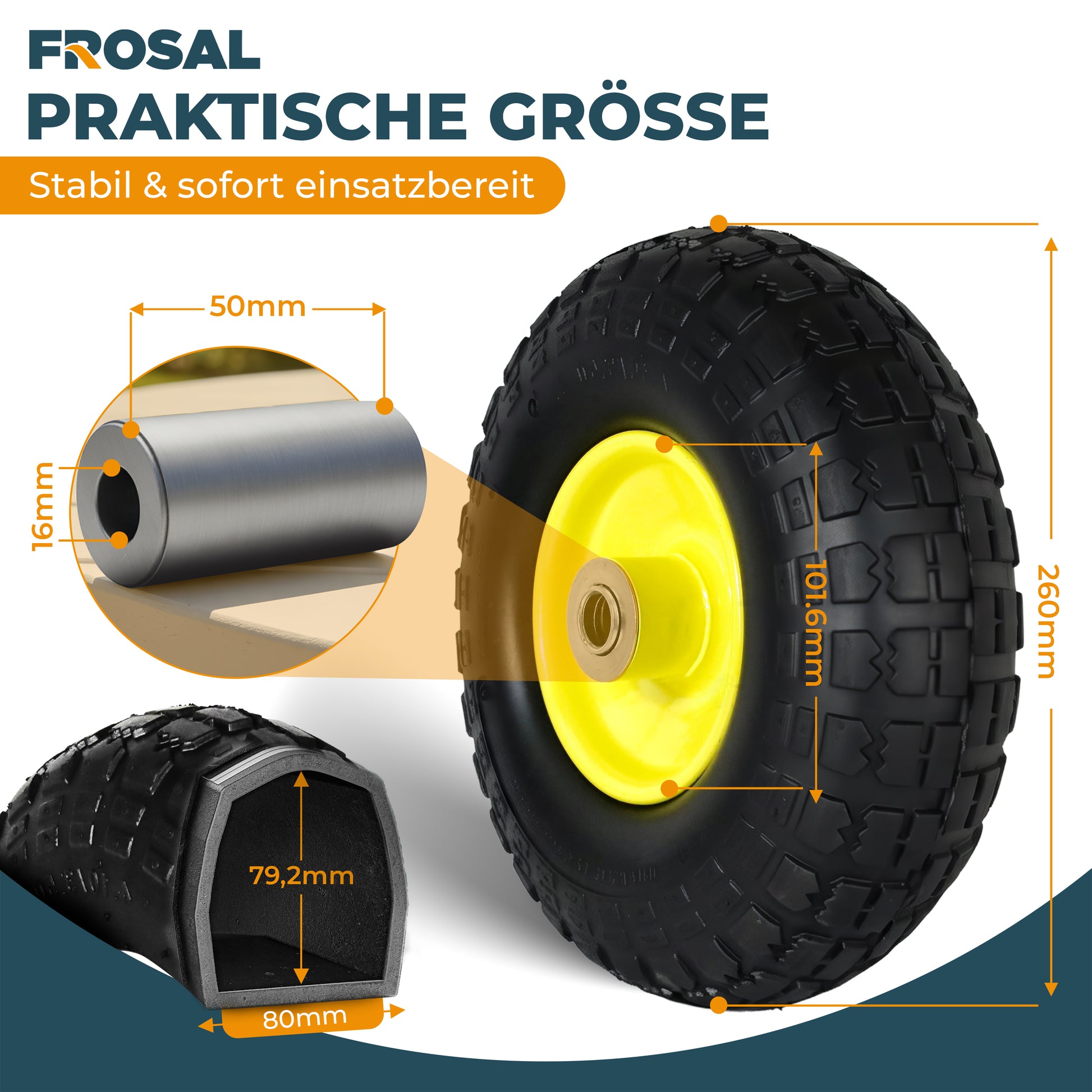 FROSAL Ersatzrad – Luftreifen 260x85 (4.10/3.50-4) mit Kugellager, Nabenlänge 50 mm, Achsdurchmesser 16 mm, gelbe Stahlfelge – für Sackkarre & Bollerwagen