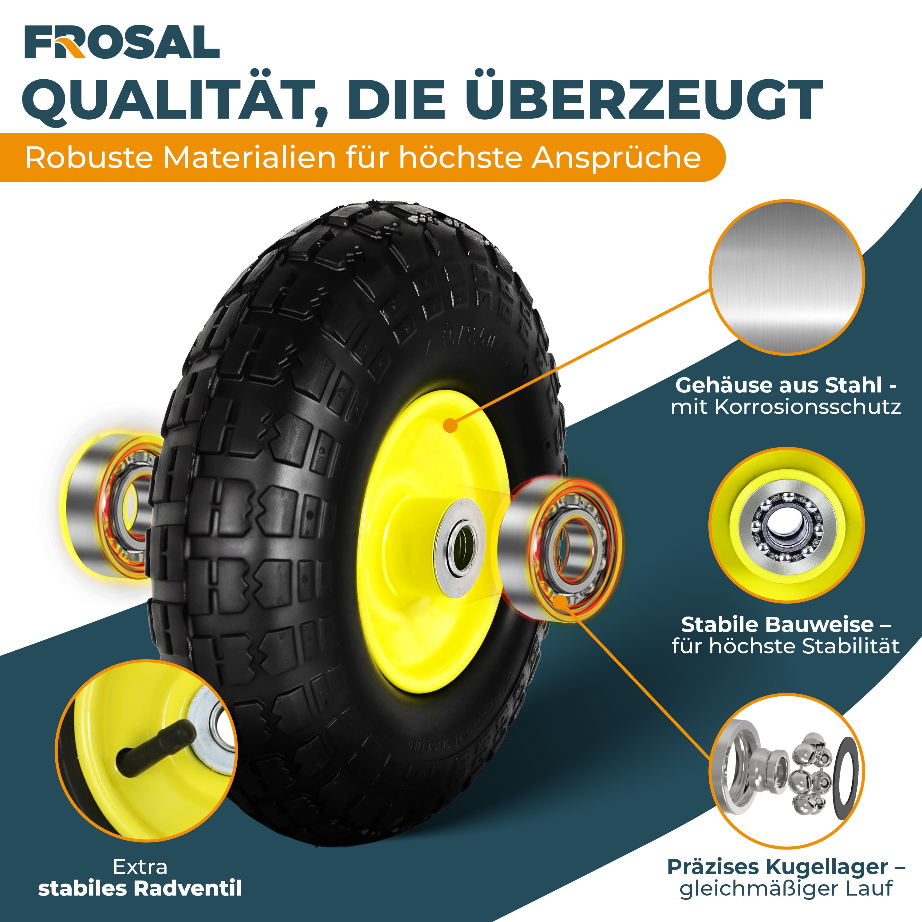 FROSAL Ersatzrad – Luftreifen 260x85 (4.10/3.50-4) mit Kugellager, Nabenlänge 50 mm, Achsdurchmesser 16 mm, gelbe Stahlfelge – für Sackkarre & Bollerwagen