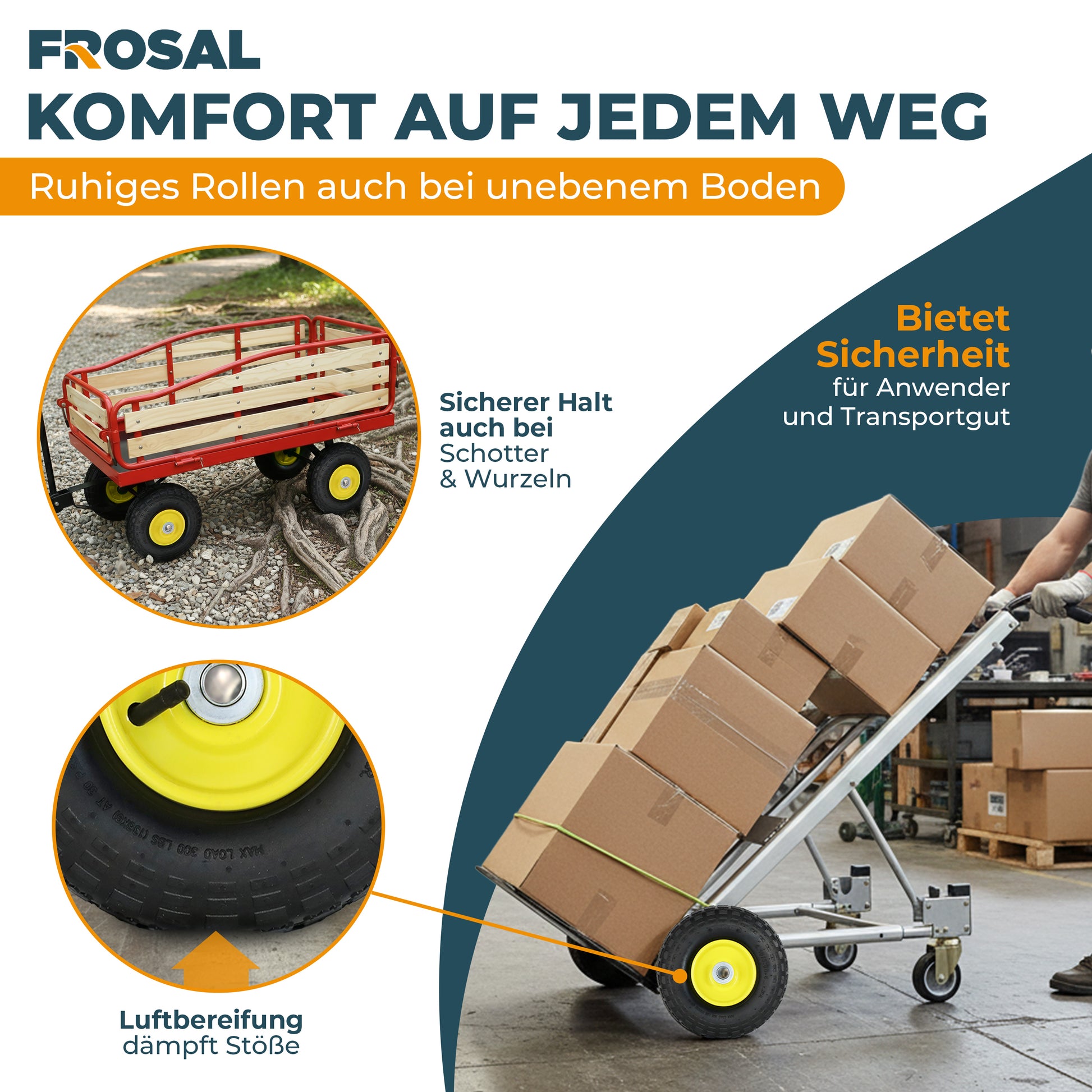 FROSAL Ersatzrad – Luftreifen 260x85 (4.10/3.50-4) mit Kugellager, Nabenlänge 50 mm, Achsdurchmesser 16 mm, gelbe Stahlfelge – für Sackkarre & Bollerwagen