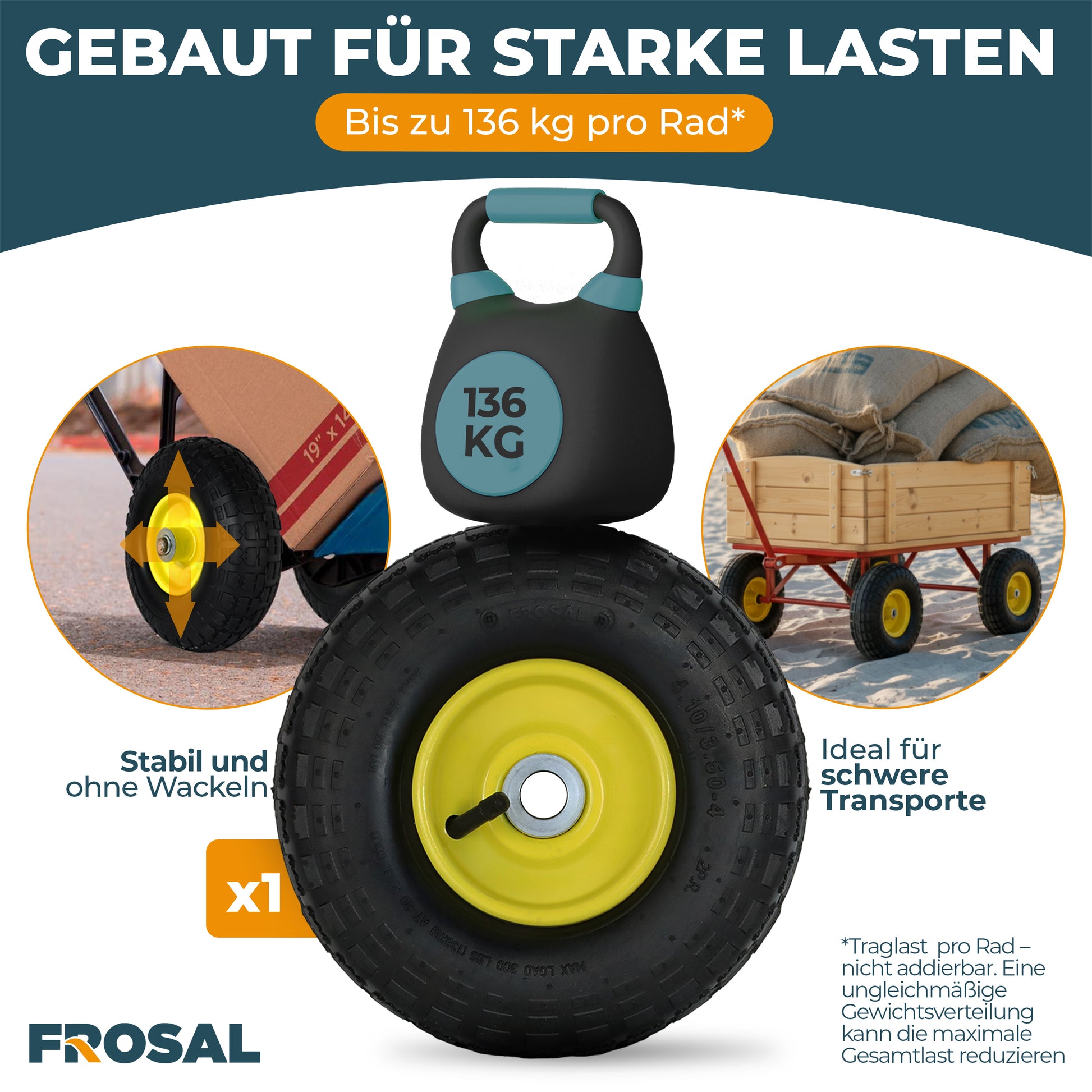 FROSAL Ersatzrad – Luftreifen 260x85 (4.10/3.50-4) mit Kugellager, Nabenlänge 50 mm, Achsdurchmesser 16 mm, gelbe Stahlfelge – für Sackkarre & Bollerwagen