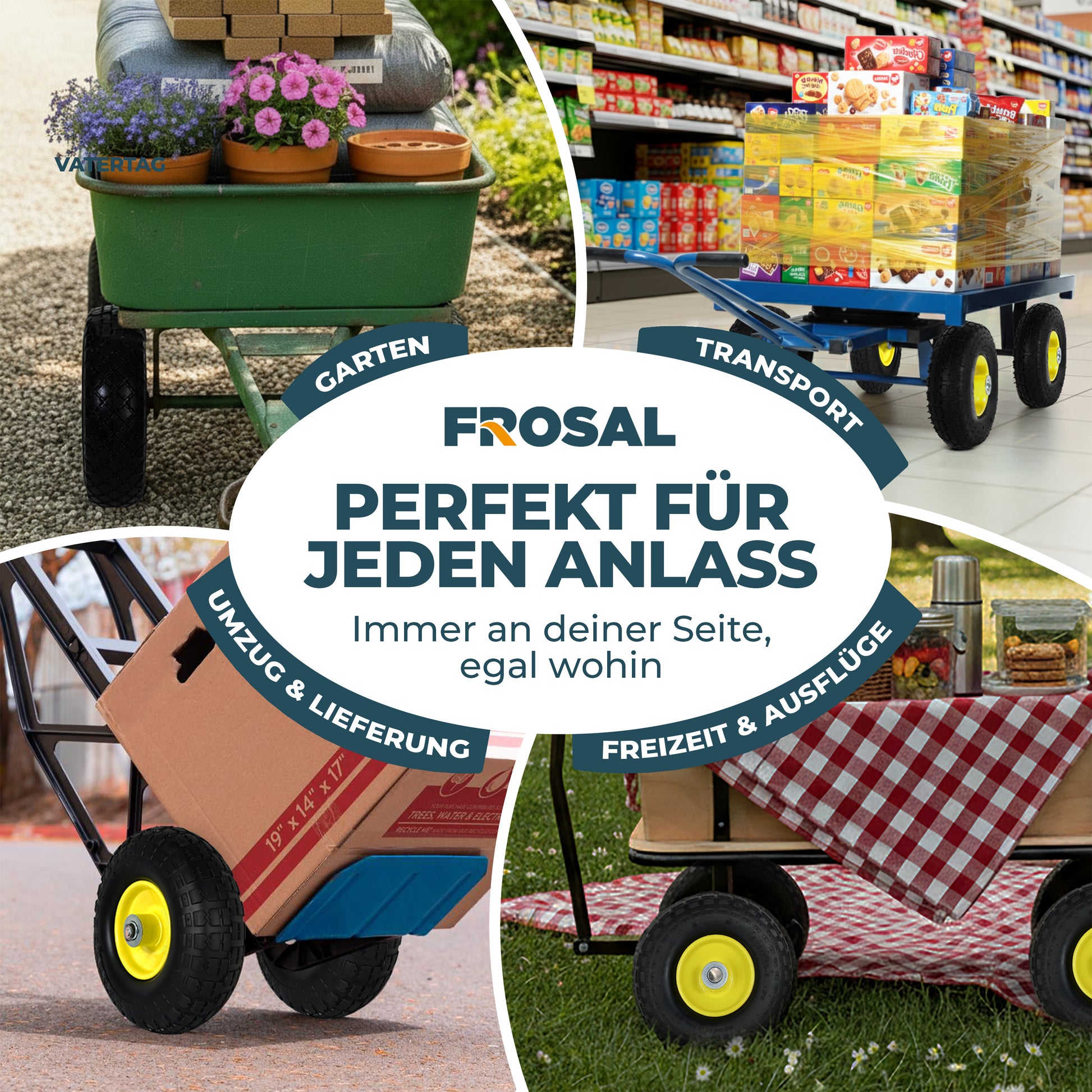 FROSAL Ersatzrad – Luftreifen 260x85 (4.10/3.50-4) mit Kugellager, Nabenlänge 50 mm, Achsdurchmesser 16 mm, gelbe Stahlfelge – für Sackkarre & Bollerwagen