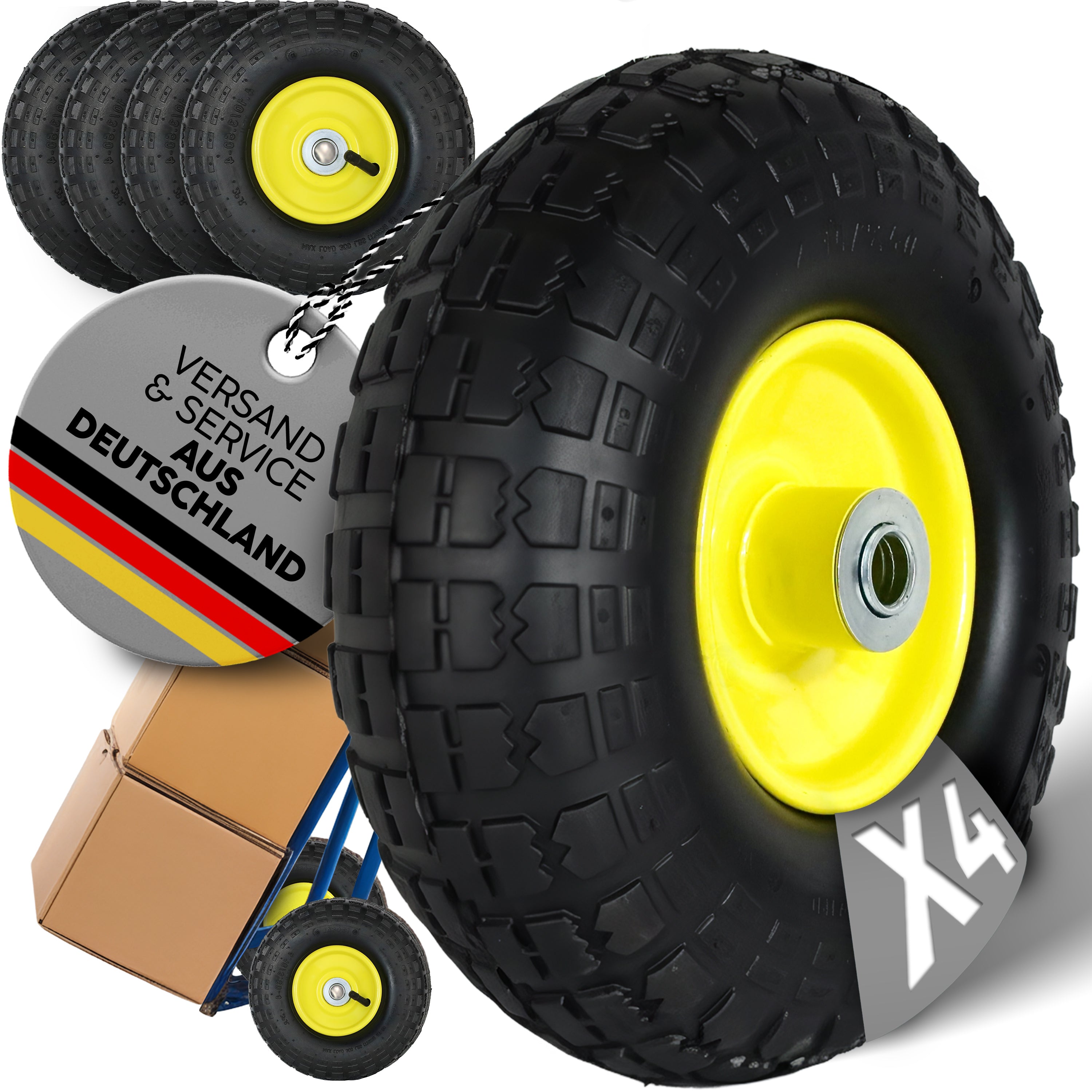 FROSAL Ersatzrad – Luftreifen 260x85 (4.10/3.50-4) mit Kugellager, Nabenlänge 50 mm, Achsdurchmesser 16 mm, gelbe Stahlfelge – für Sackkarre & Bollerwagen 4 Stück