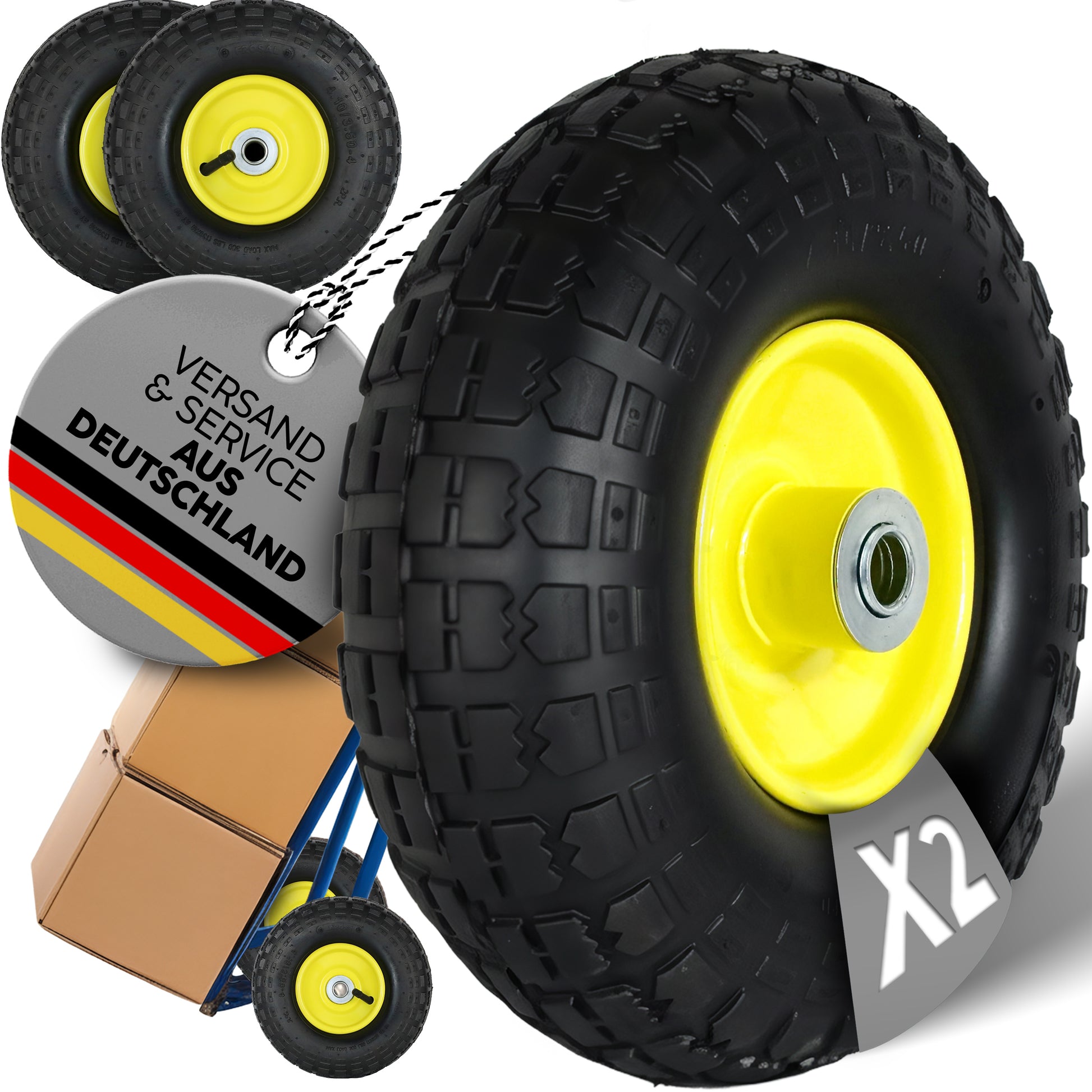 FROSAL Ersatzrad – Luftreifen 260x85 (4.10/3.50-4) mit Kugellager, Nabenlänge 50 mm, Achsdurchmesser 16 mm, gelbe Stahlfelge – für Sackkarre & Bollerwagen 2 Stück